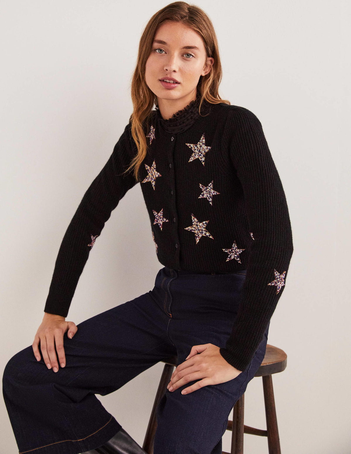 Black Star-Embellished Ribbed Cardigan-Noir, étoiles ornementées - Image 4