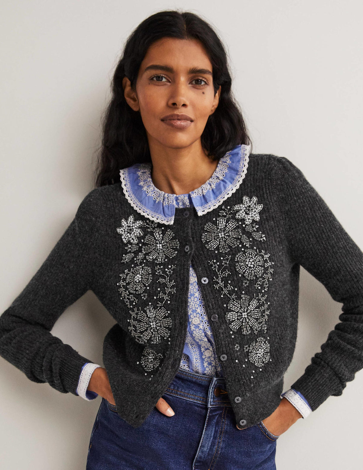 Gilet côtelé ornementé-Anthracite chiné - Image 1