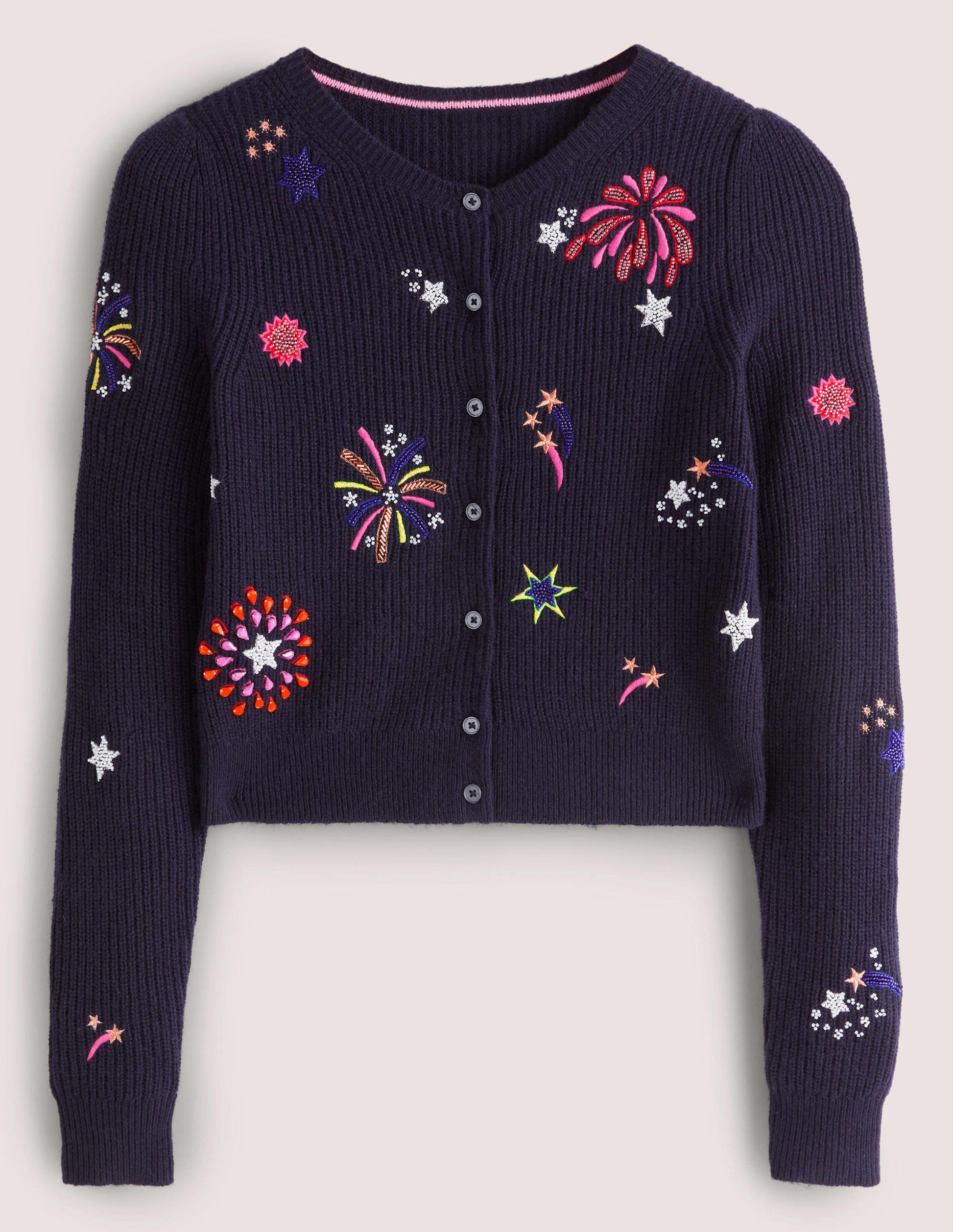 Navy Fireworks-Embellished Ribbed Cardigan-Navy, Verziertes Feuerwerk-5