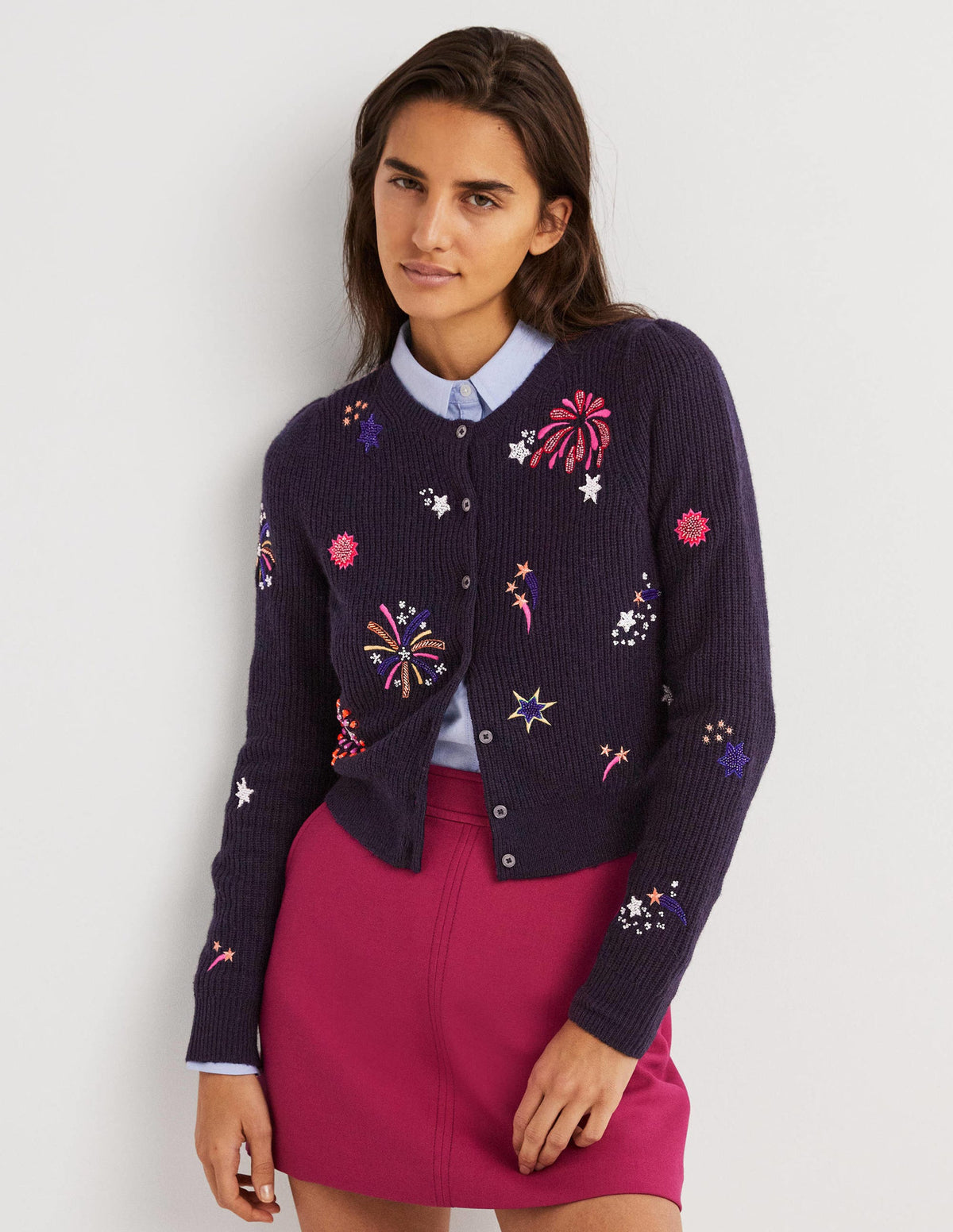 Navy Fireworks-Embellished Ribbed Cardigan-Navy, Verziertes Feuerwerk-1