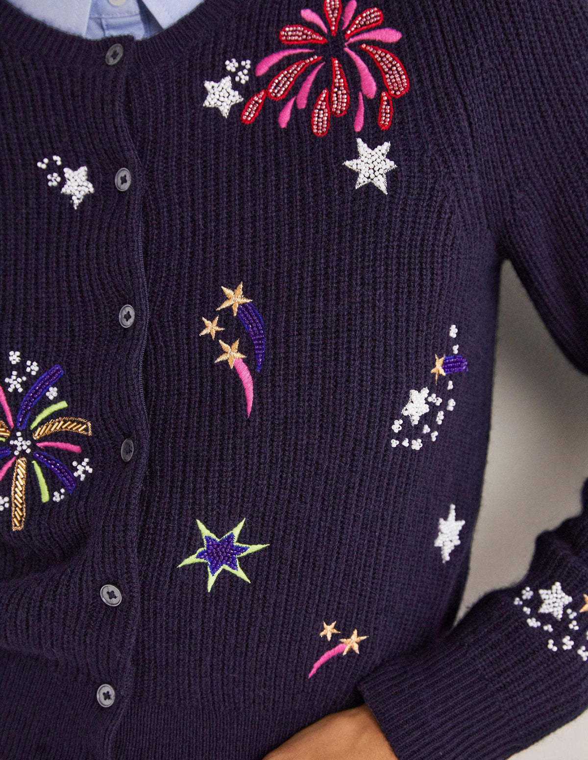 Navy Fireworks-Embellished Ribbed Cardigan-Navy, Verziertes Feuerwerk-2