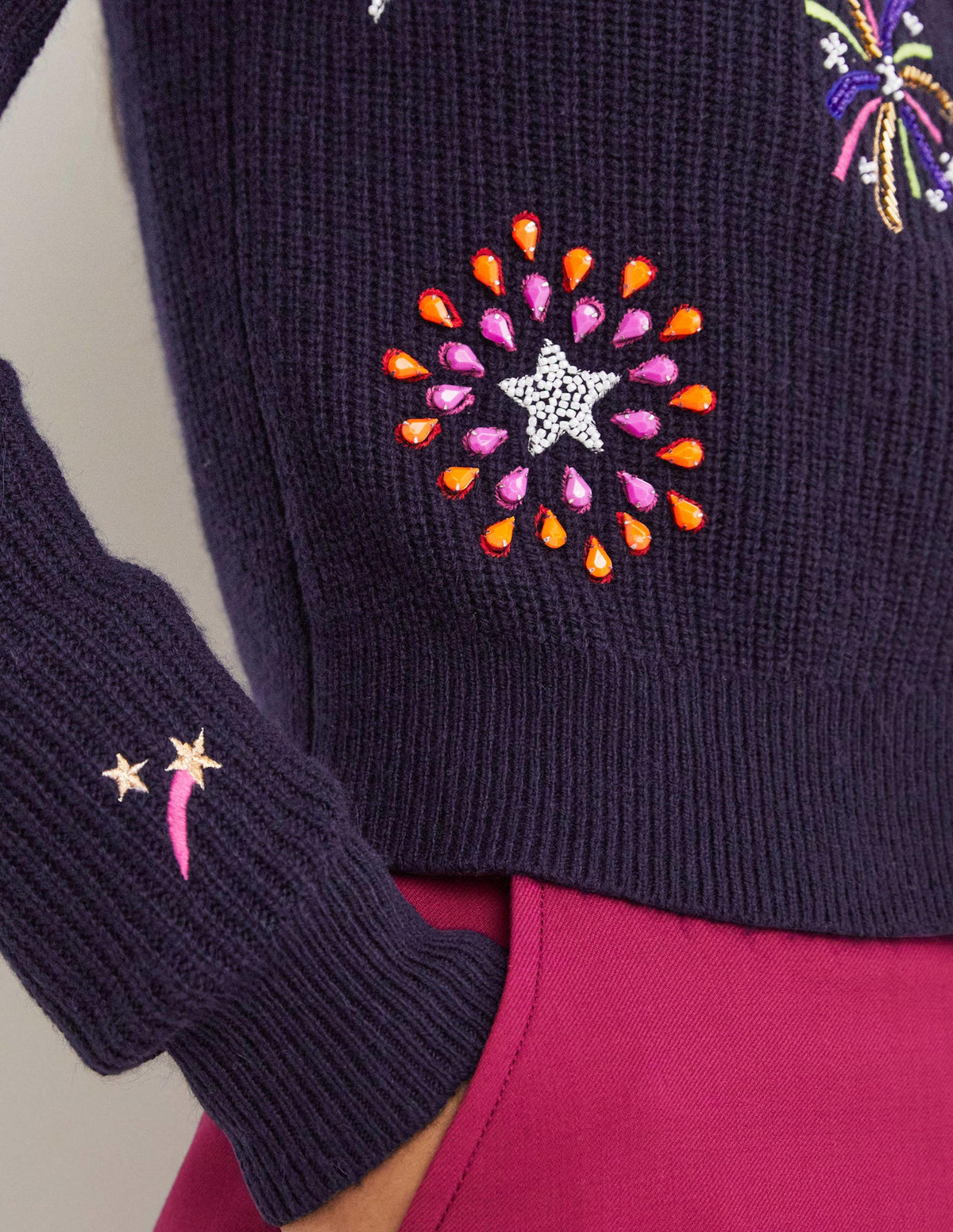 Navy Fireworks-Embellished Ribbed Cardigan-Navy, Verziertes Feuerwerk-4