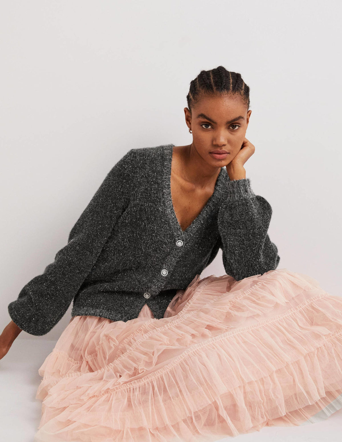 Flauschiger Metallic-Cardigan-Anthrazit Melange, Silber - Image 1