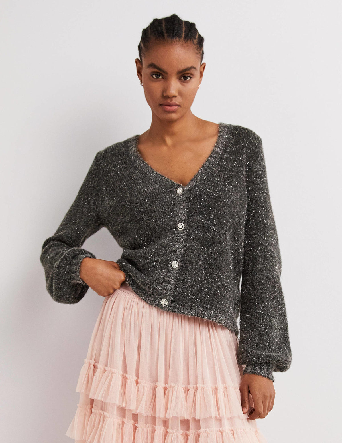 Flauschiger Metallic-Cardigan-Anthrazit Melange, Silber - Image 2