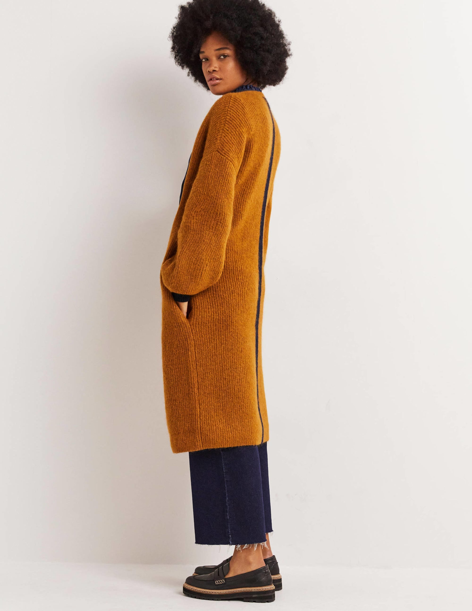 Longline Fluffy Cardigan-Butterscotch Brown, Navy - Image 4