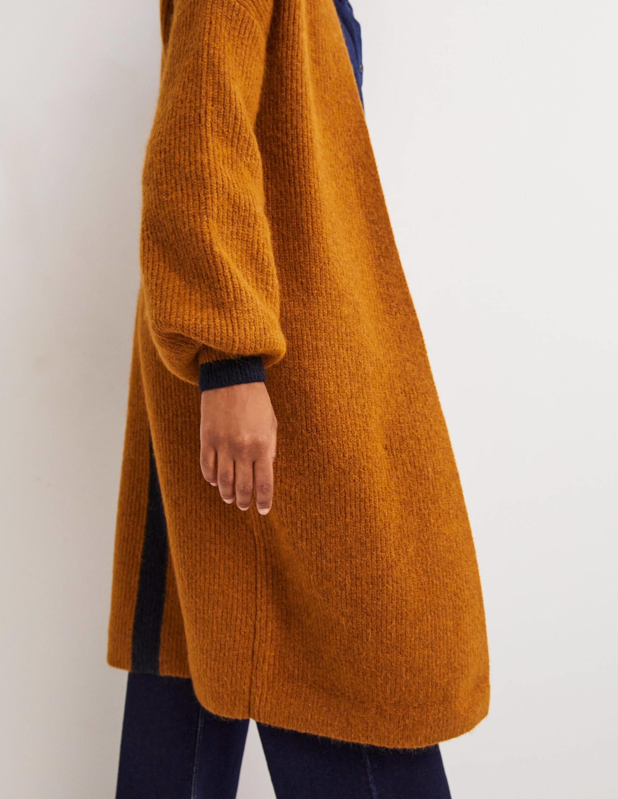 Longline Fluffy Cardigan-Butterscotch Brown, Navy - Image 5