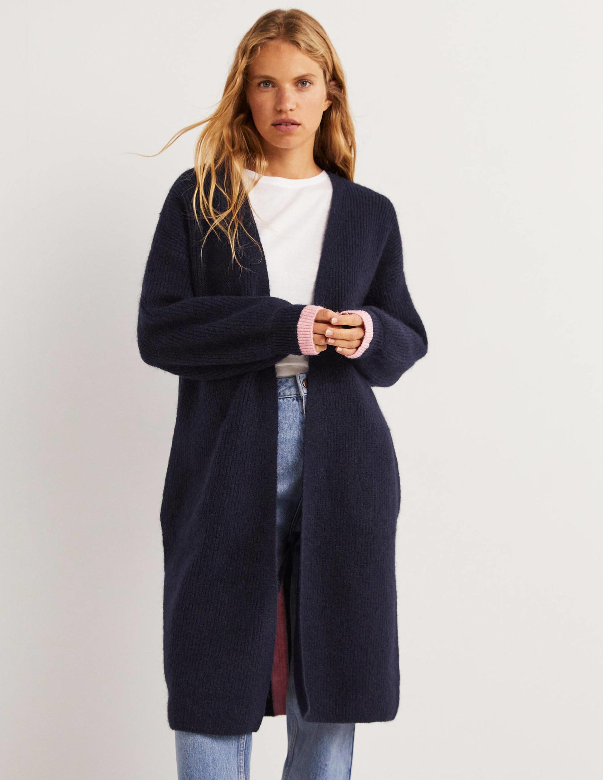 Flauschiger langer Cardigan-Navy, Eisrosa-1