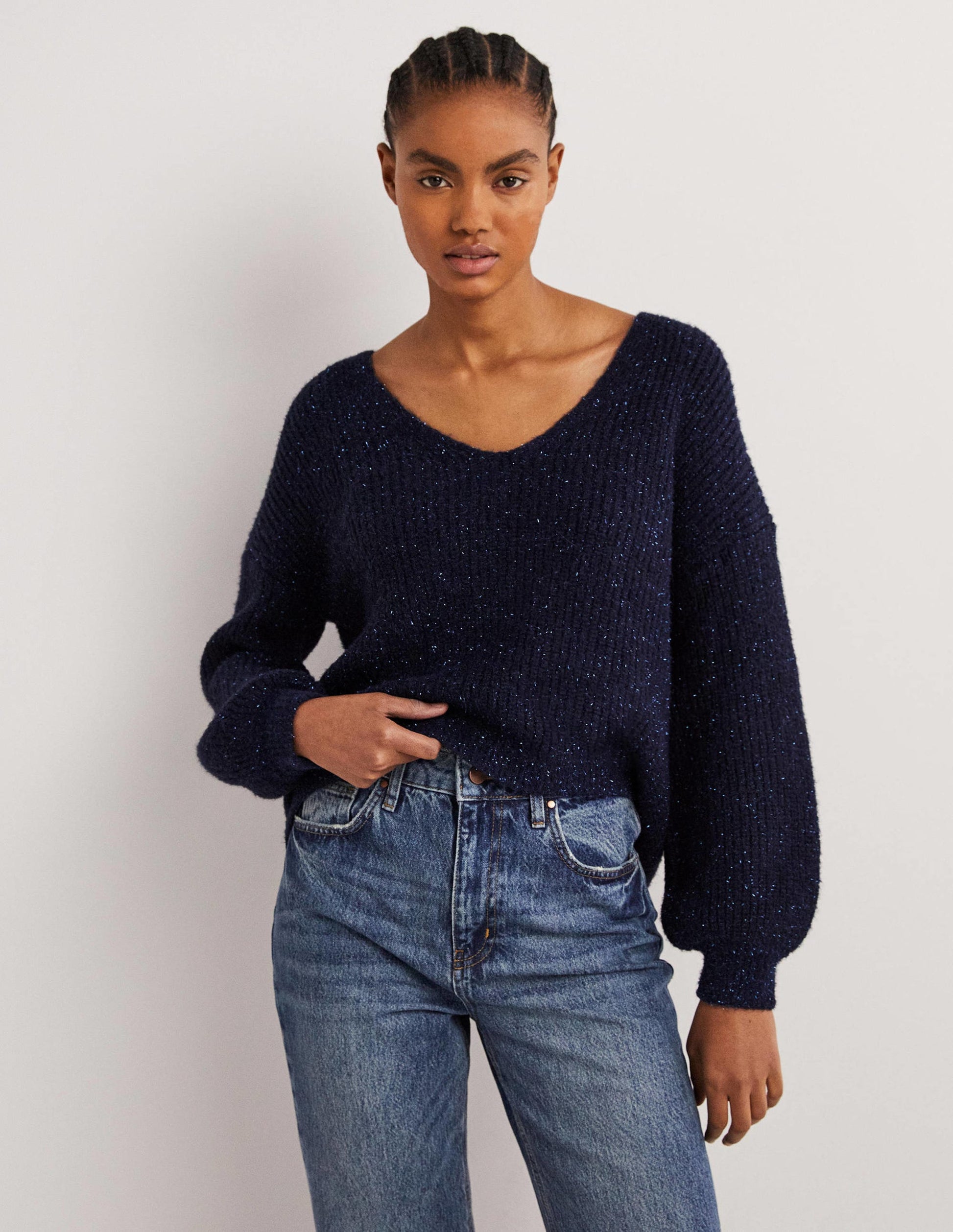 Navy Sparkle Ribbed Fluffy V-Neck Jumper-Navy, Glitzer-1