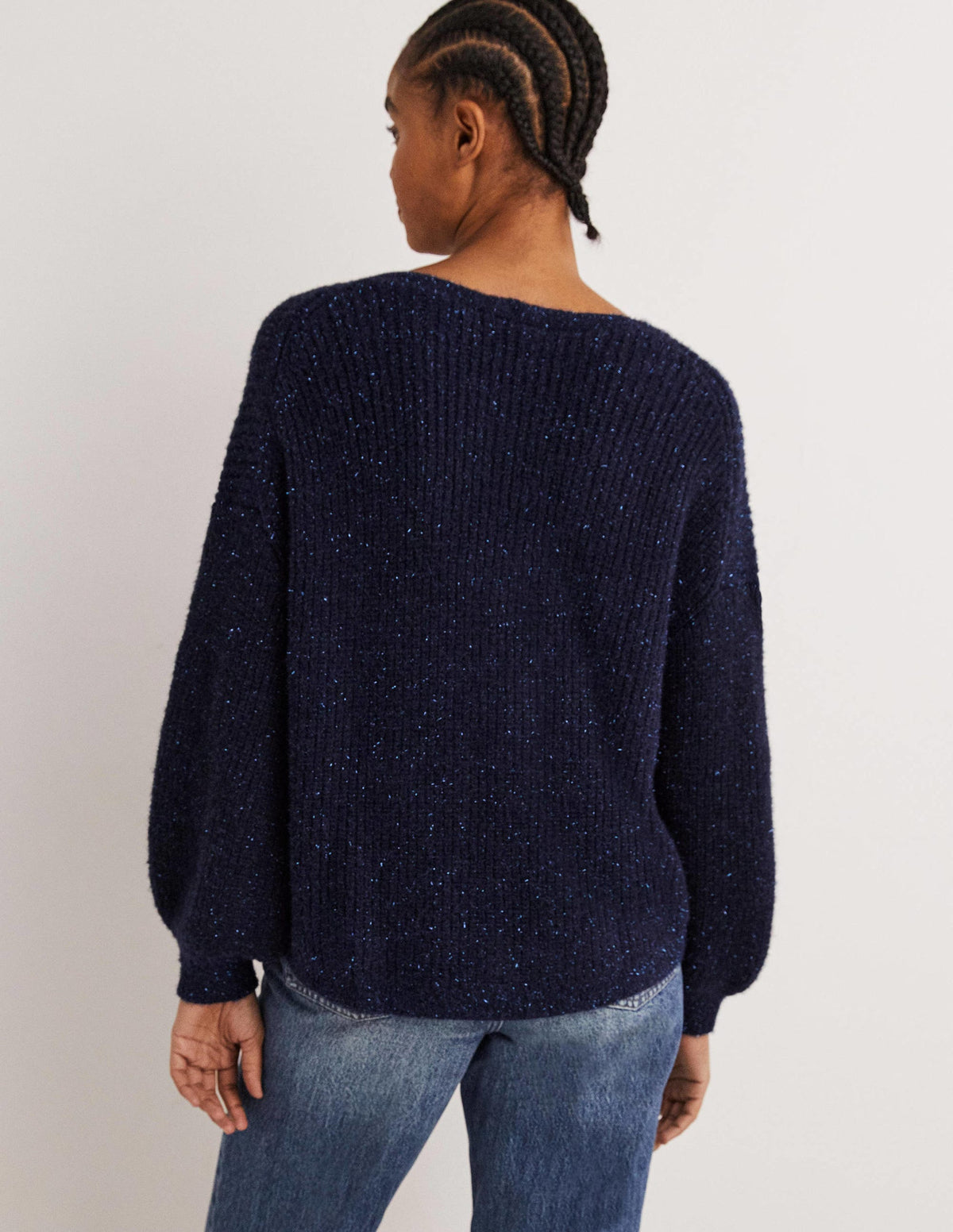Navy Sparkle Ribbed Fluffy V-Neck Jumper-Navy, Glitzer - Image 3