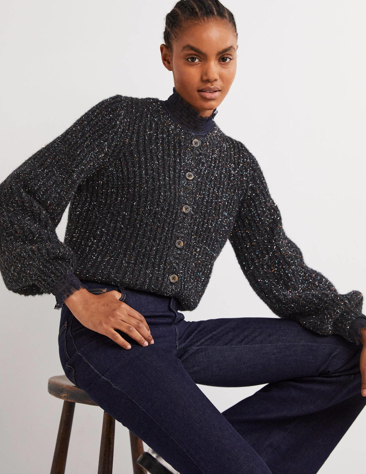 Black Chunky Ribbed Fluffy Cardigan-Étincelle noire - Image 1