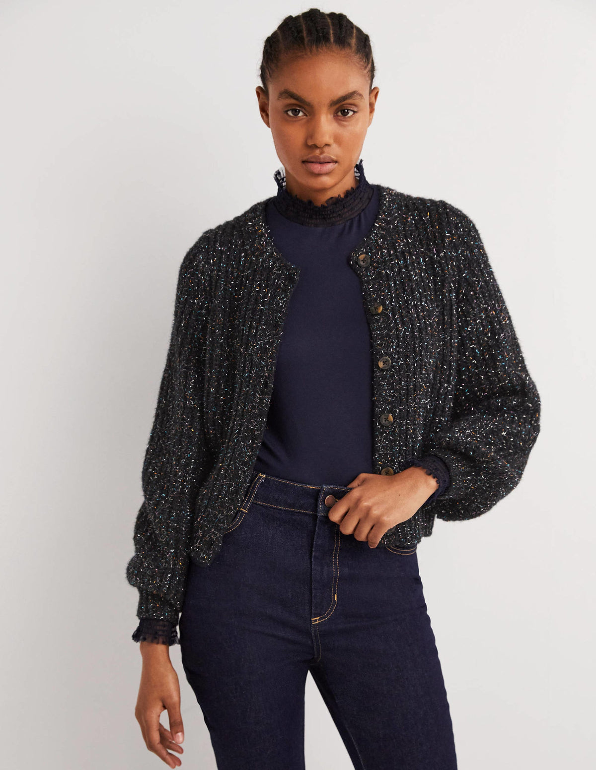 Black Chunky Ribbed Fluffy Cardigan-Étincelle noire-4