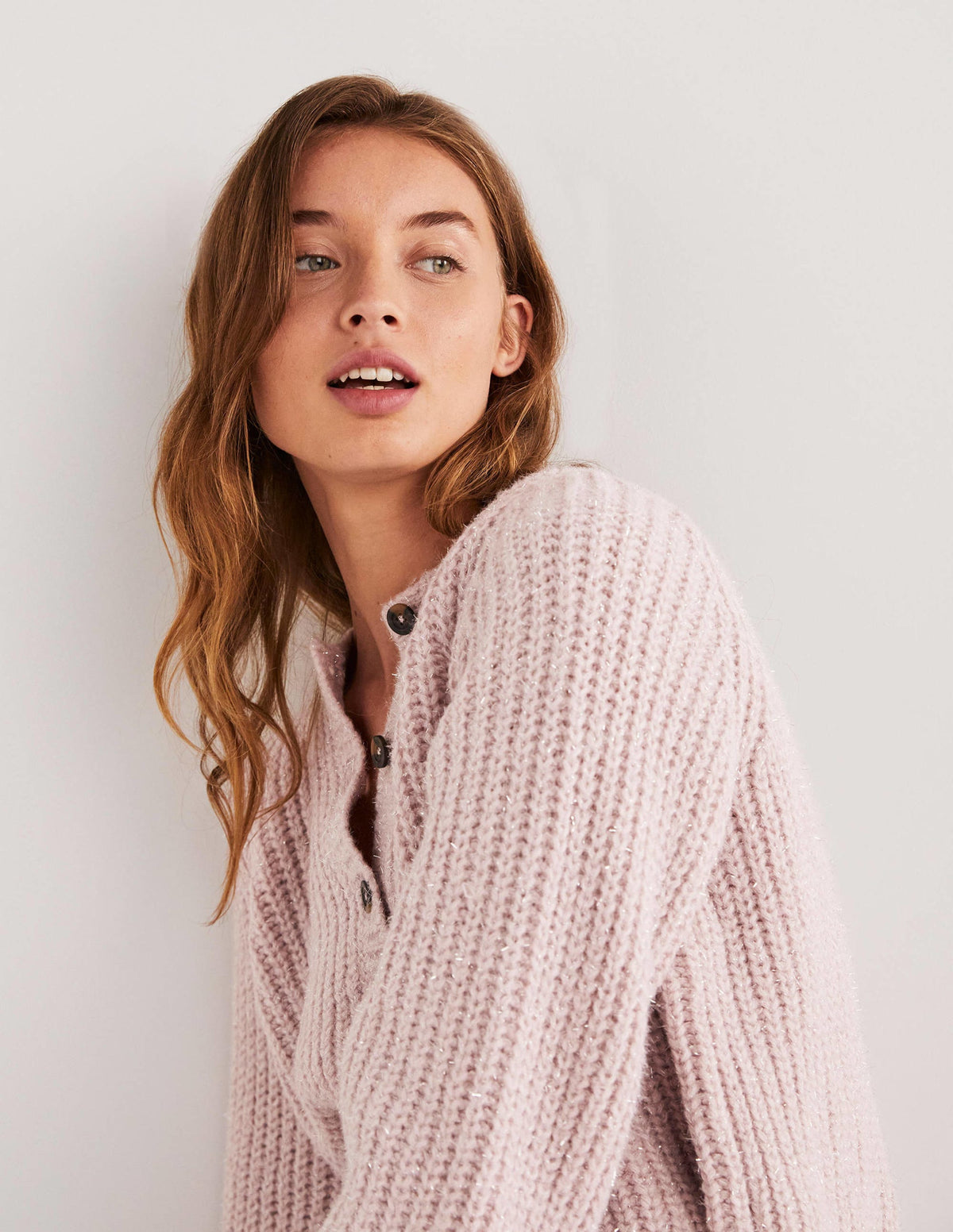 Light Pink Chunky Ribbed Fluffy Cardigan-Cameo-Rosa, Glitzer - Image 2