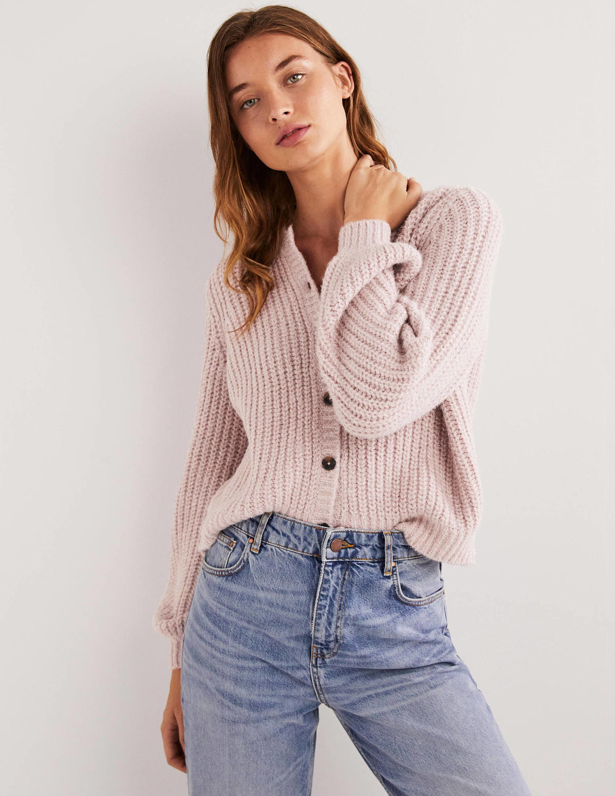Light Pink Chunky Ribbed Fluffy Cardigan-Cameo-Rosa, Glitzer - Image 4