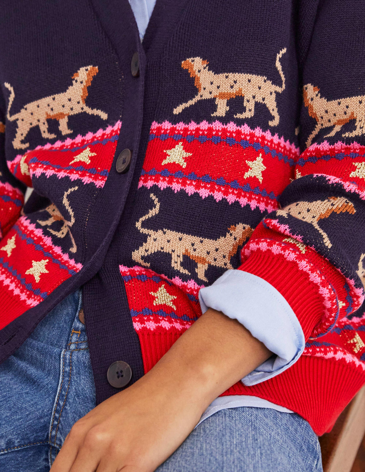 Oversize-Cardigan mit V-Ausschnitt-Navy, Jacquard-Leopardenmuster - Image 2