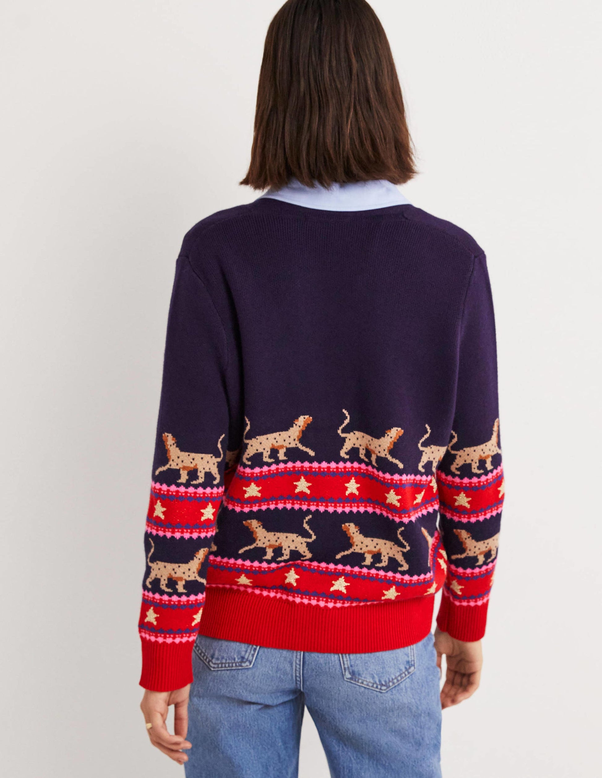 Oversize-Cardigan mit V-Ausschnitt-Navy, Jacquard-Leopardenmuster-3