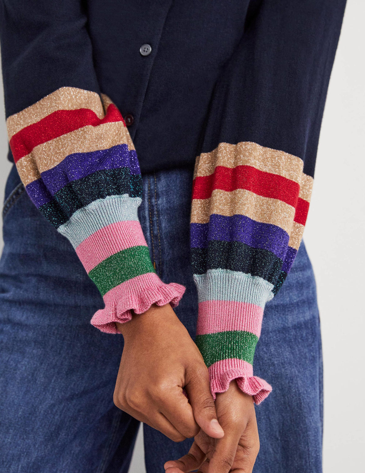 Metallic Frill Stripe Cardigan-Navy Multi Cuff-2