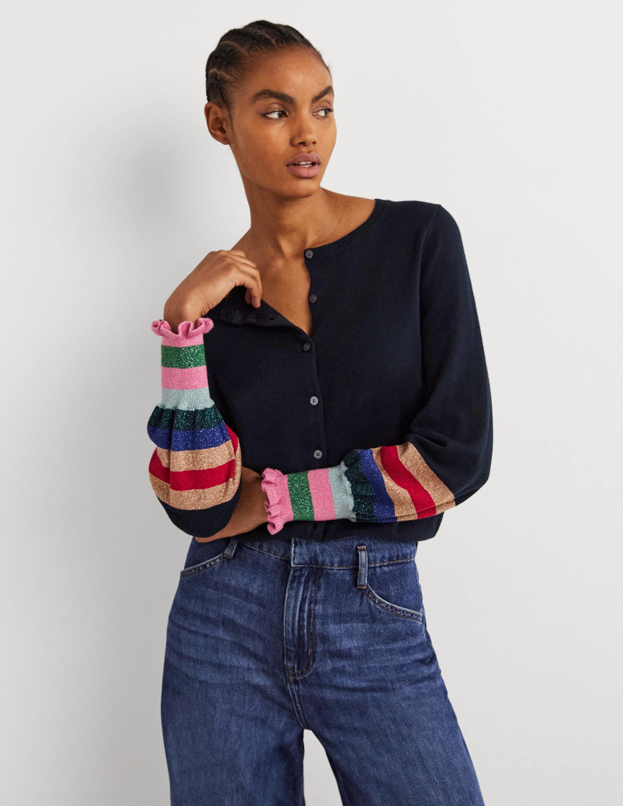 Metallic Frill Stripe Cardigan-Navy Multi Cuff - Image 4