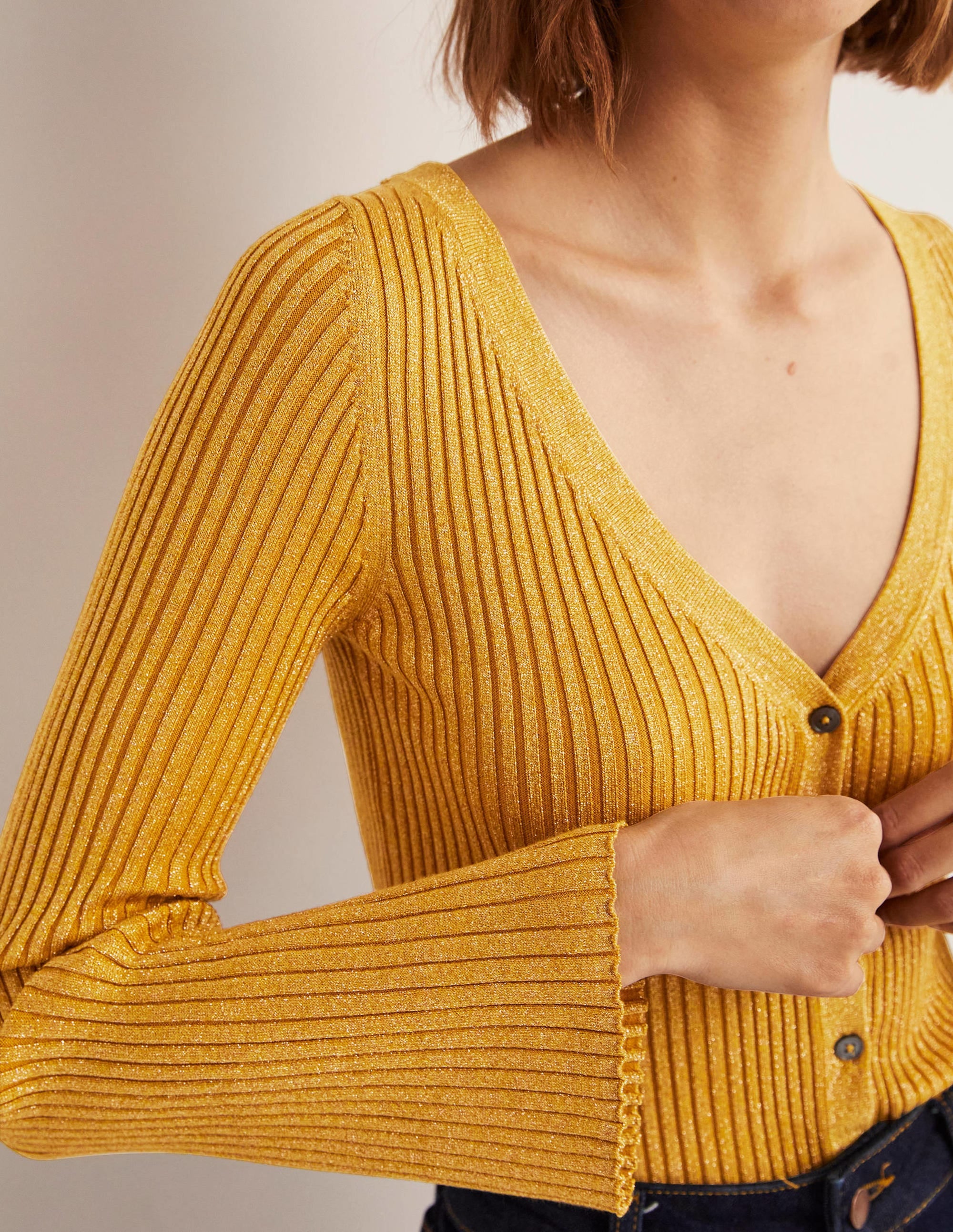 Gold Ribbed Metallic Cardigan-Gold - Image 2