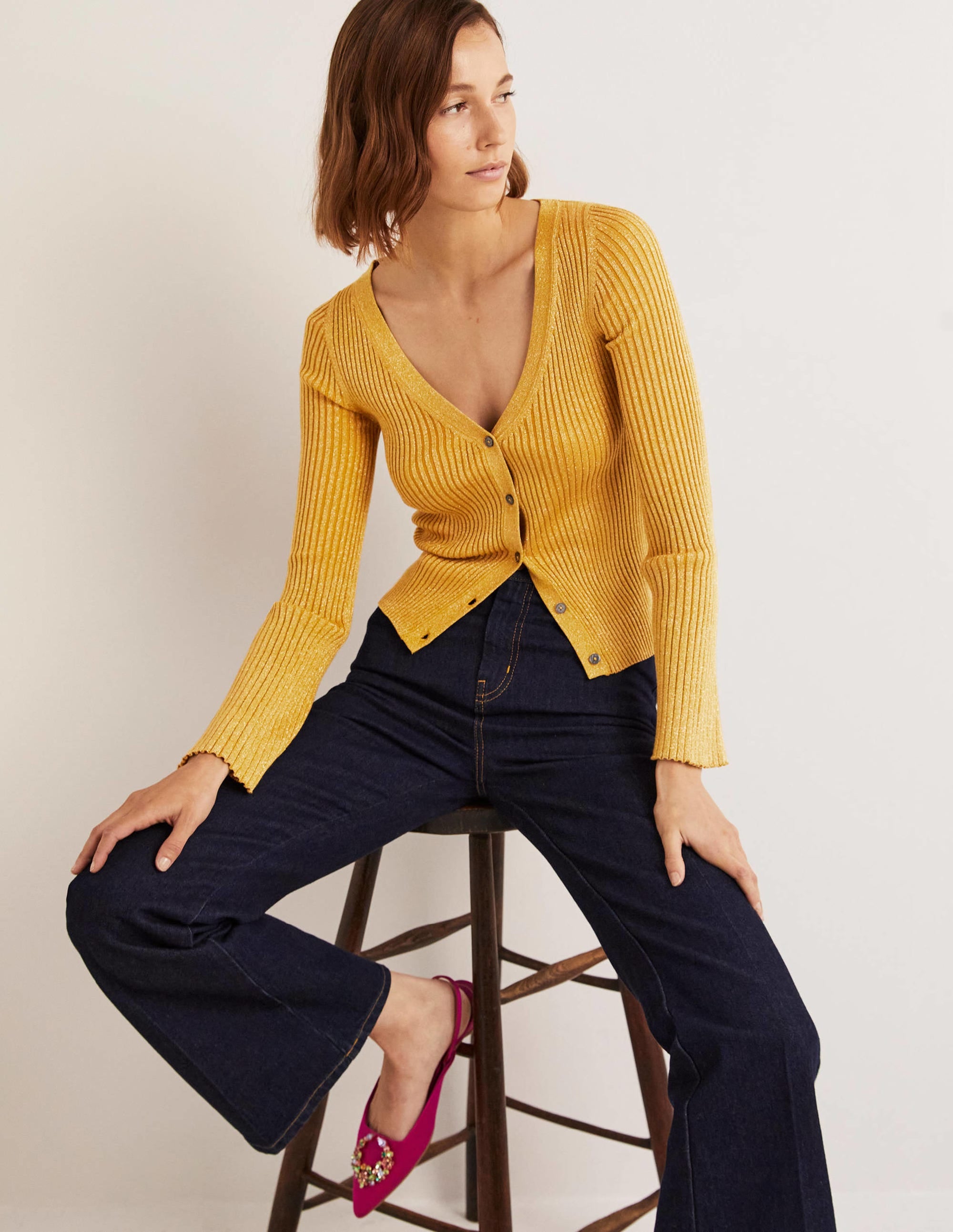 Gold Ribbed Metallic Cardigan-Gold - Image 4