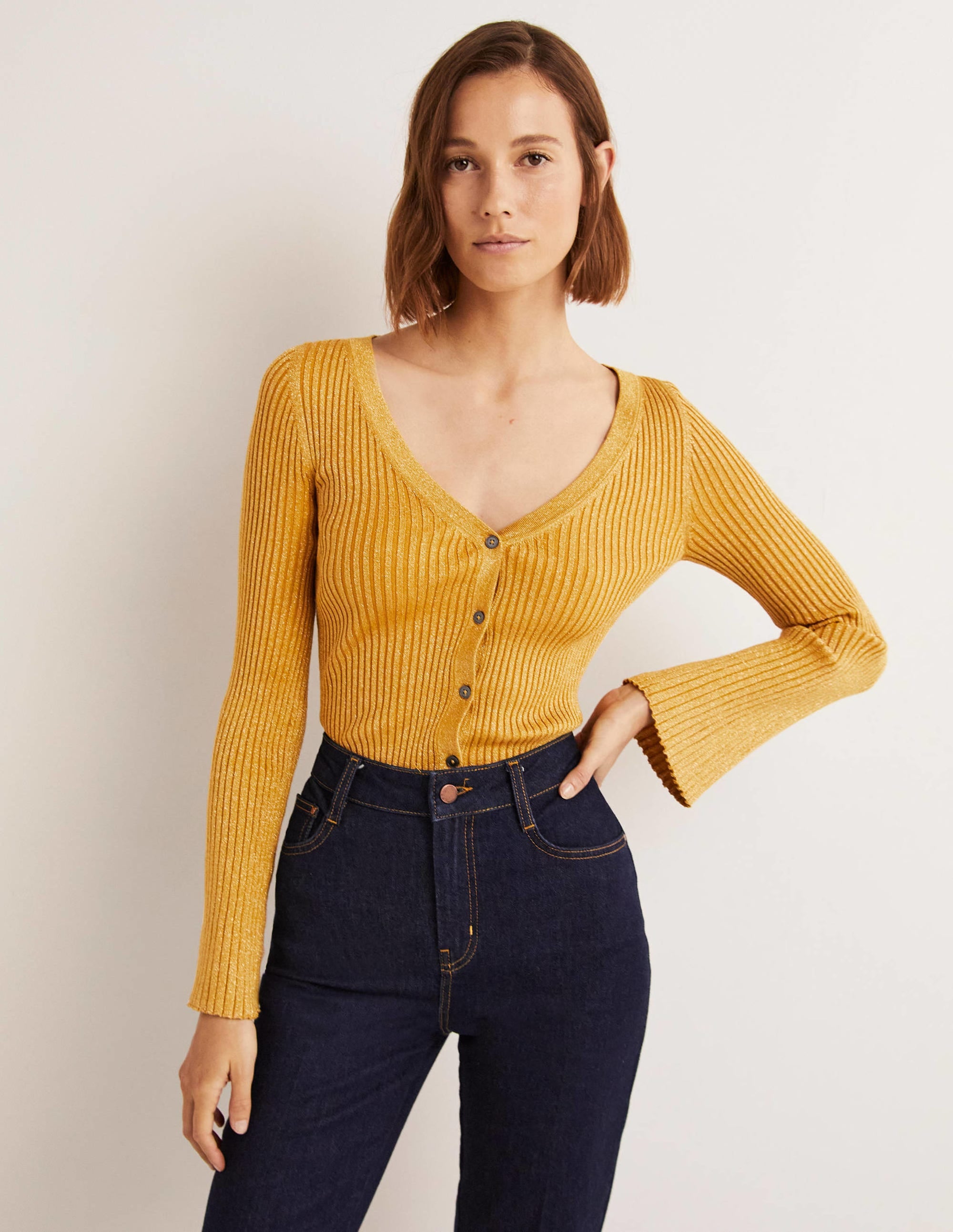 Gold Ribbed Metallic Cardigan-Gold - Image 5