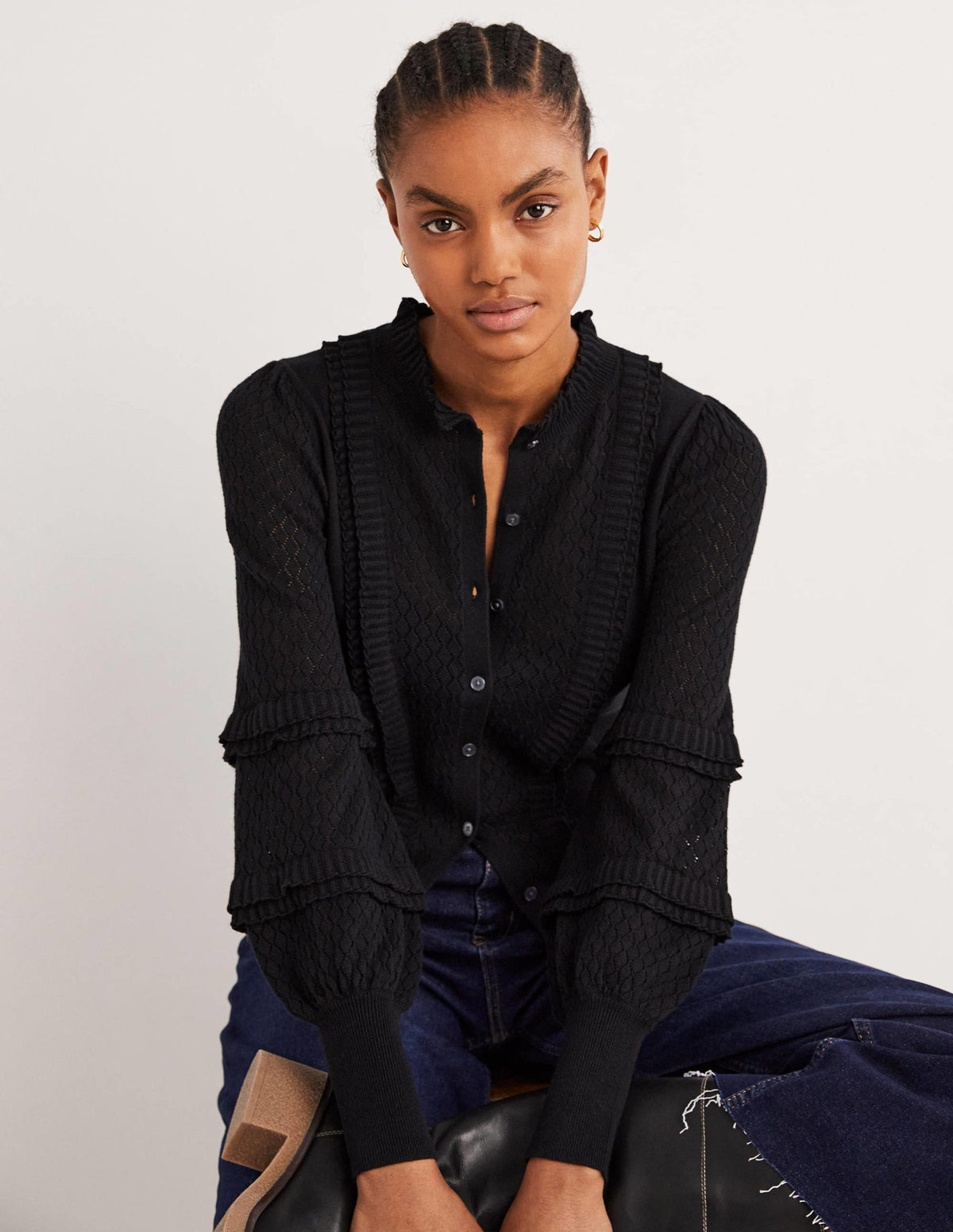 Gerüschter Pointelle-Cardigan-Schwarz-5