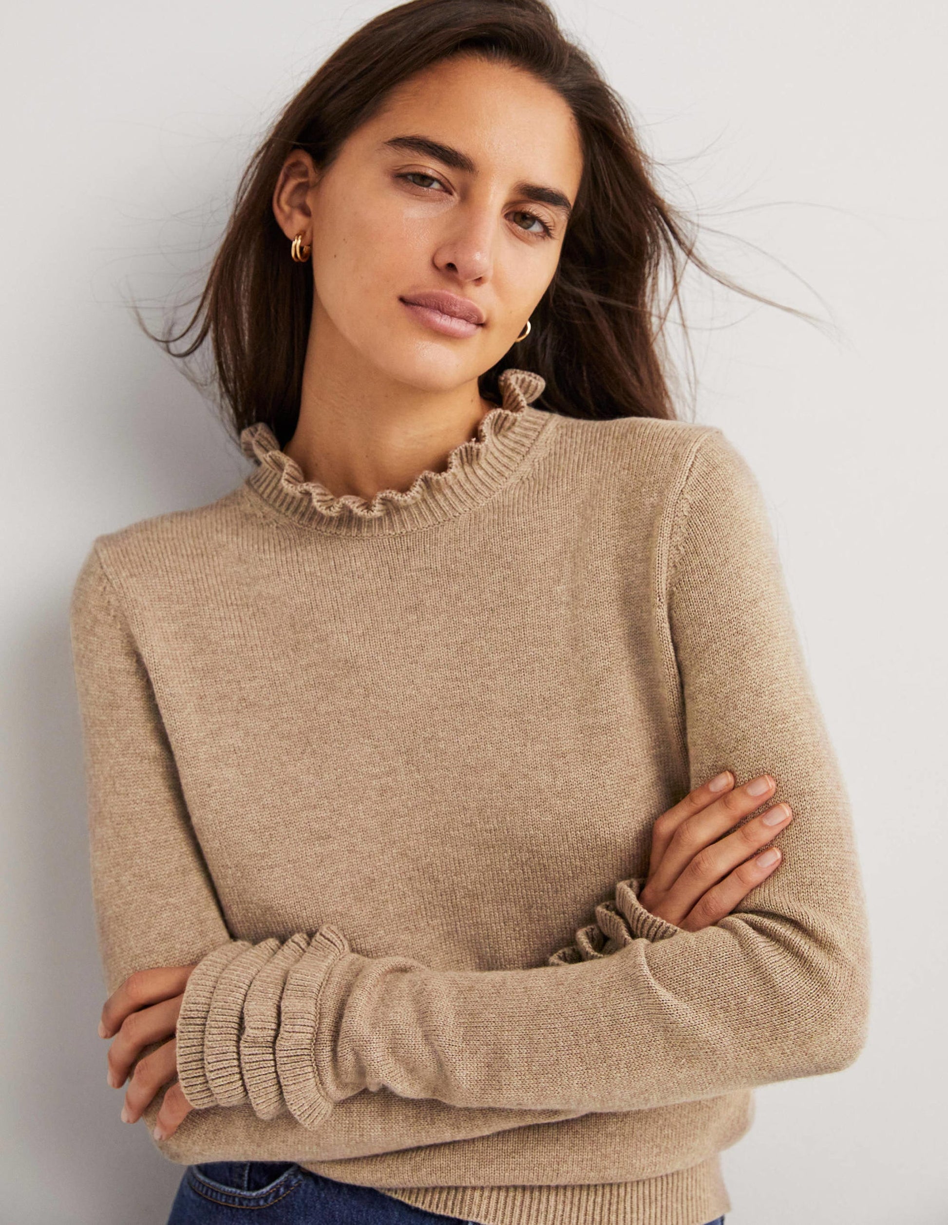 Pullover mit Rüschenlagen-Dunkles Nerzbraun Melange-1