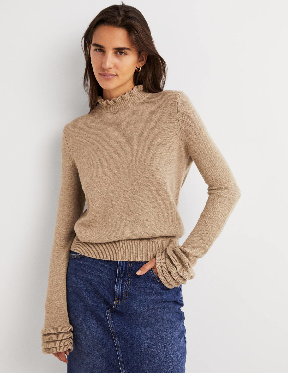 Pullover mit Rüschenlagen-Dunkles Nerzbraun Melange-4