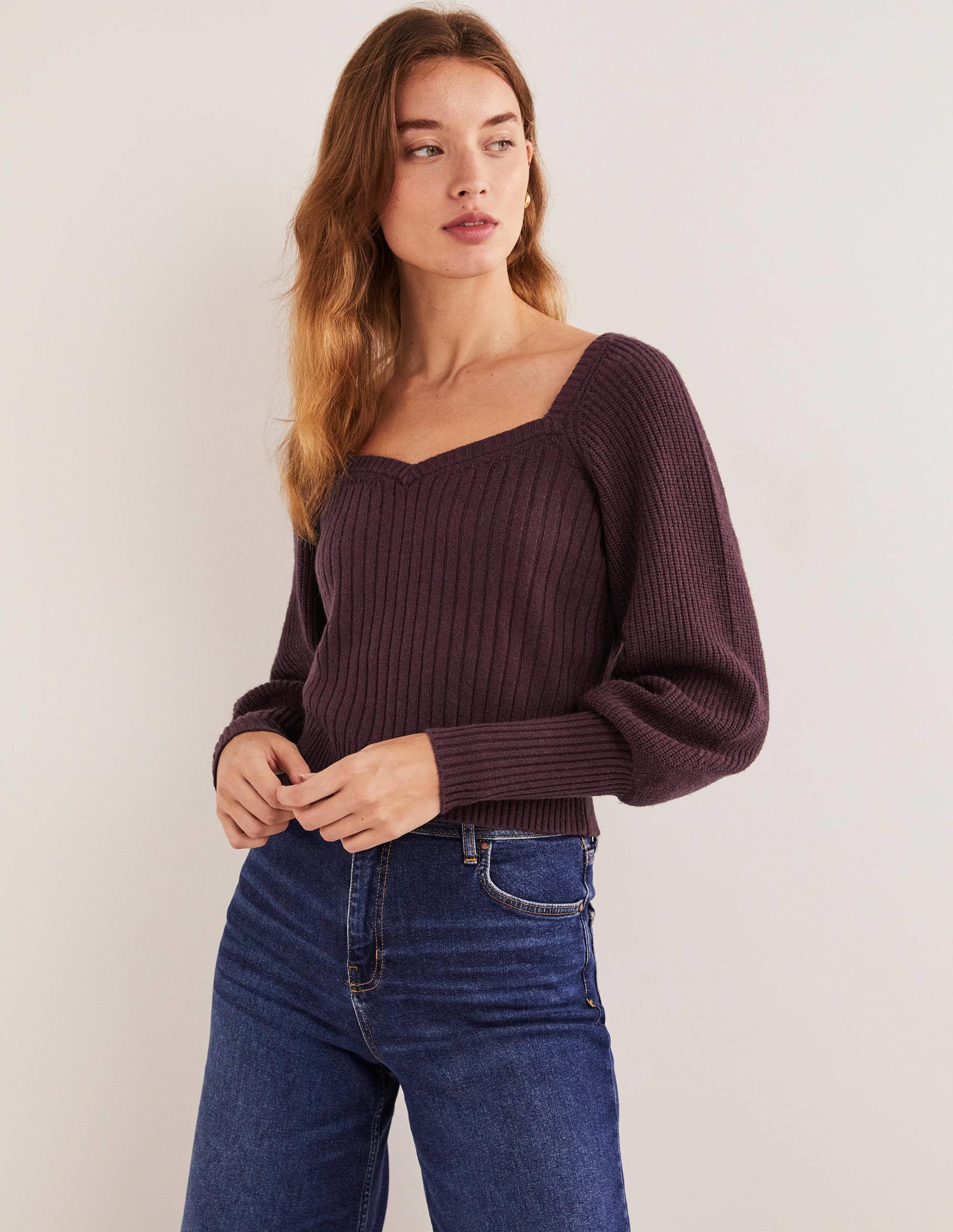 Pullover mit Herzausschnitt und Blousonärmeln-Feigen-Violett - Image 1