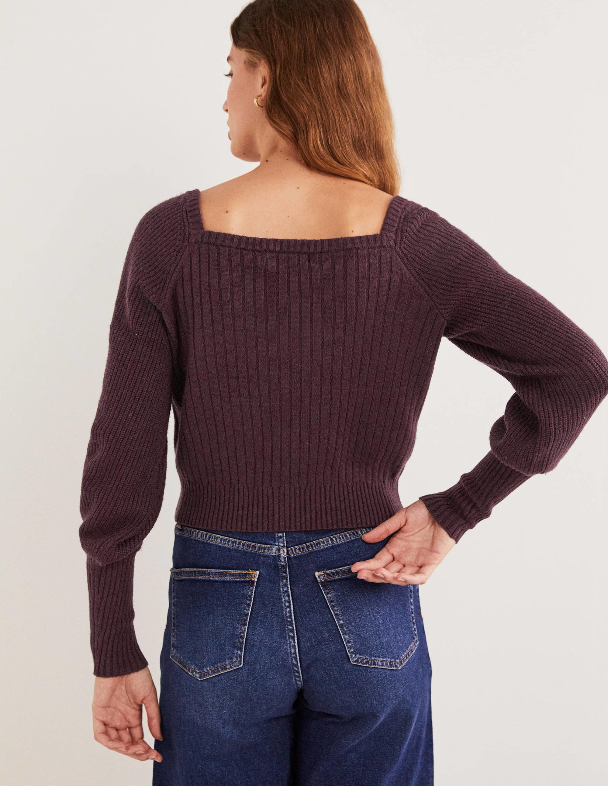 Pullover mit Herzausschnitt und Blousonärmeln-Feigen-Violett - Image 3