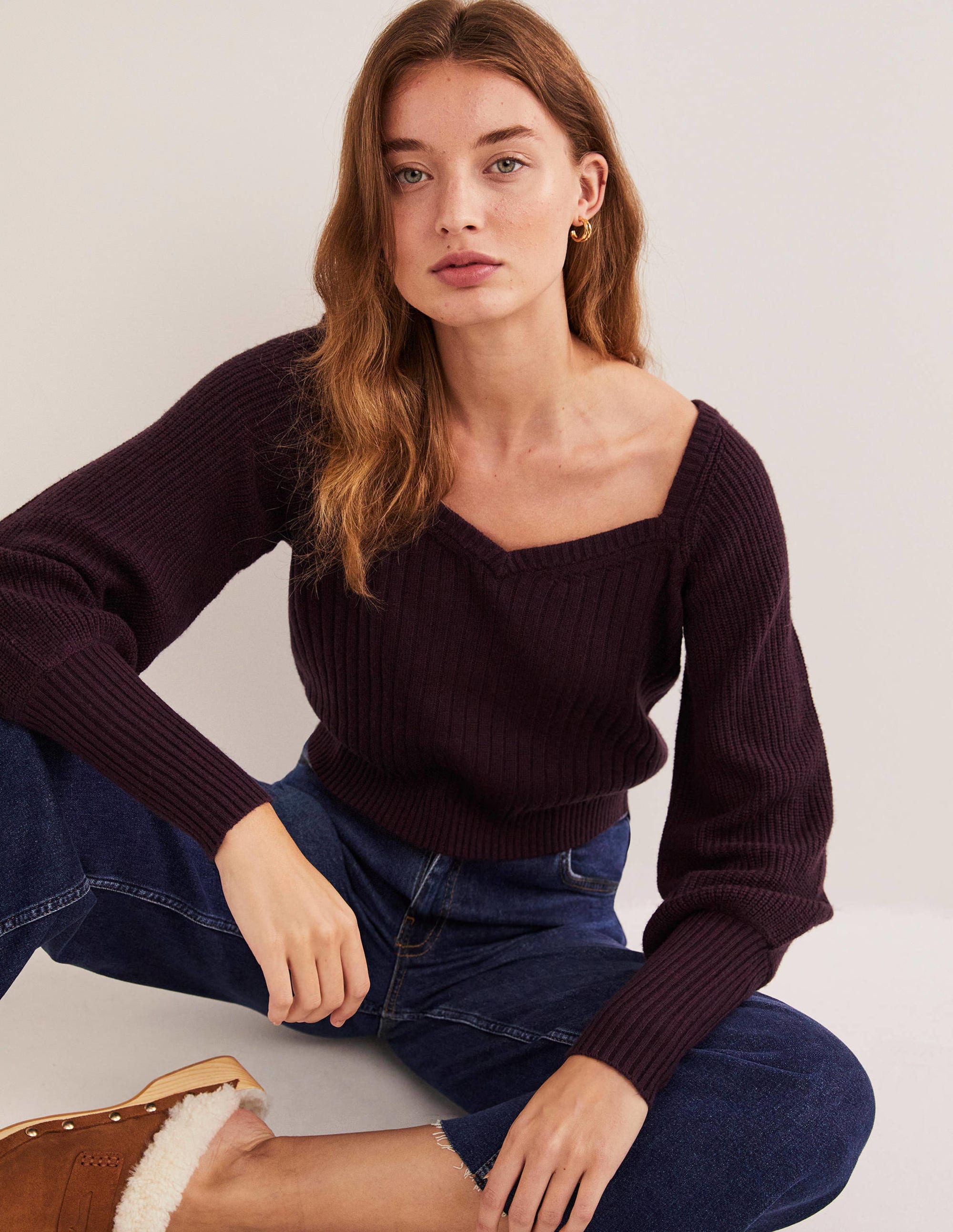 Pullover mit Herzausschnitt und Blousonärmeln-Feigen-Violett - Image 5