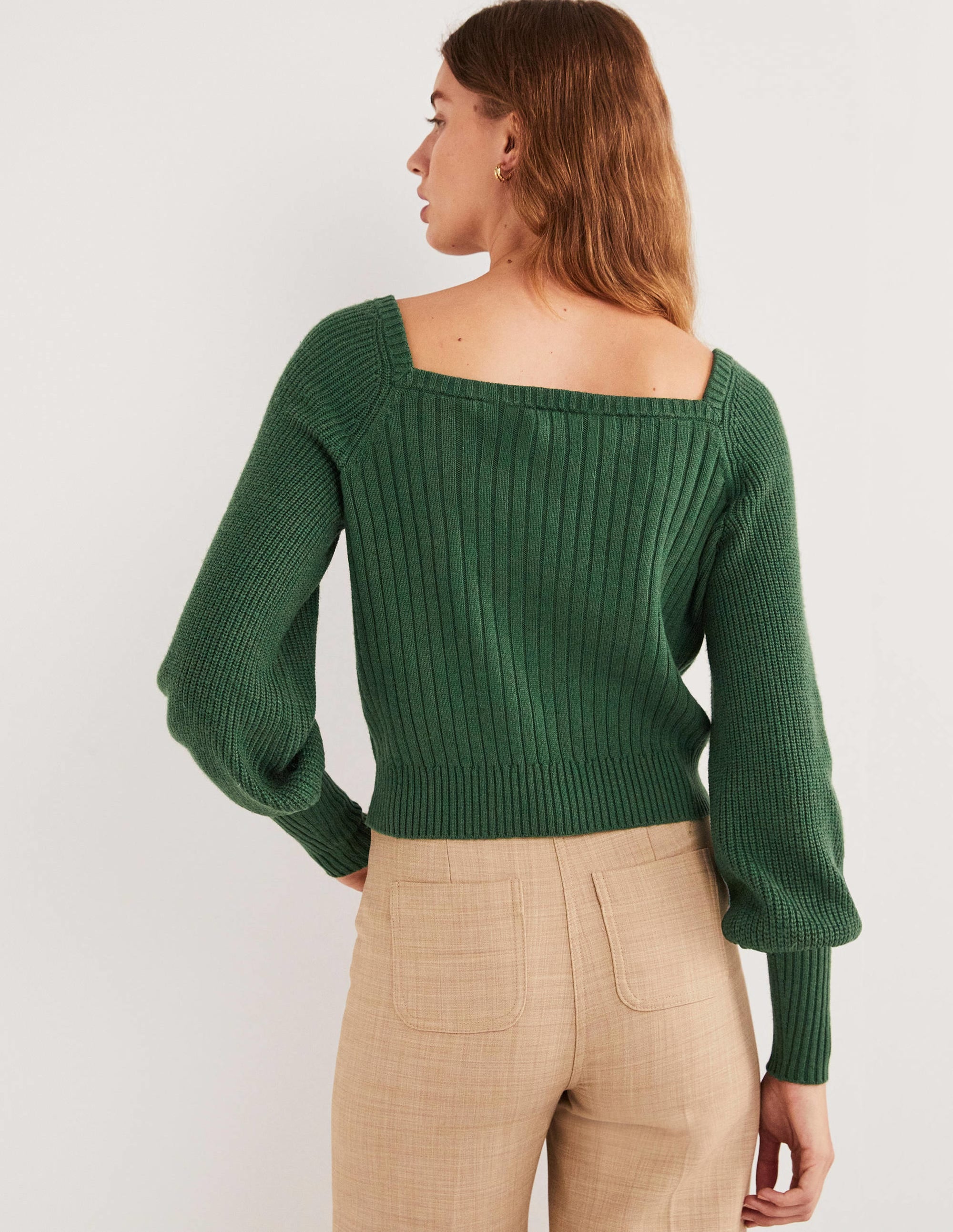 Pullover mit Herzausschnitt und Blousonärmeln-Jägergrün - Image 3