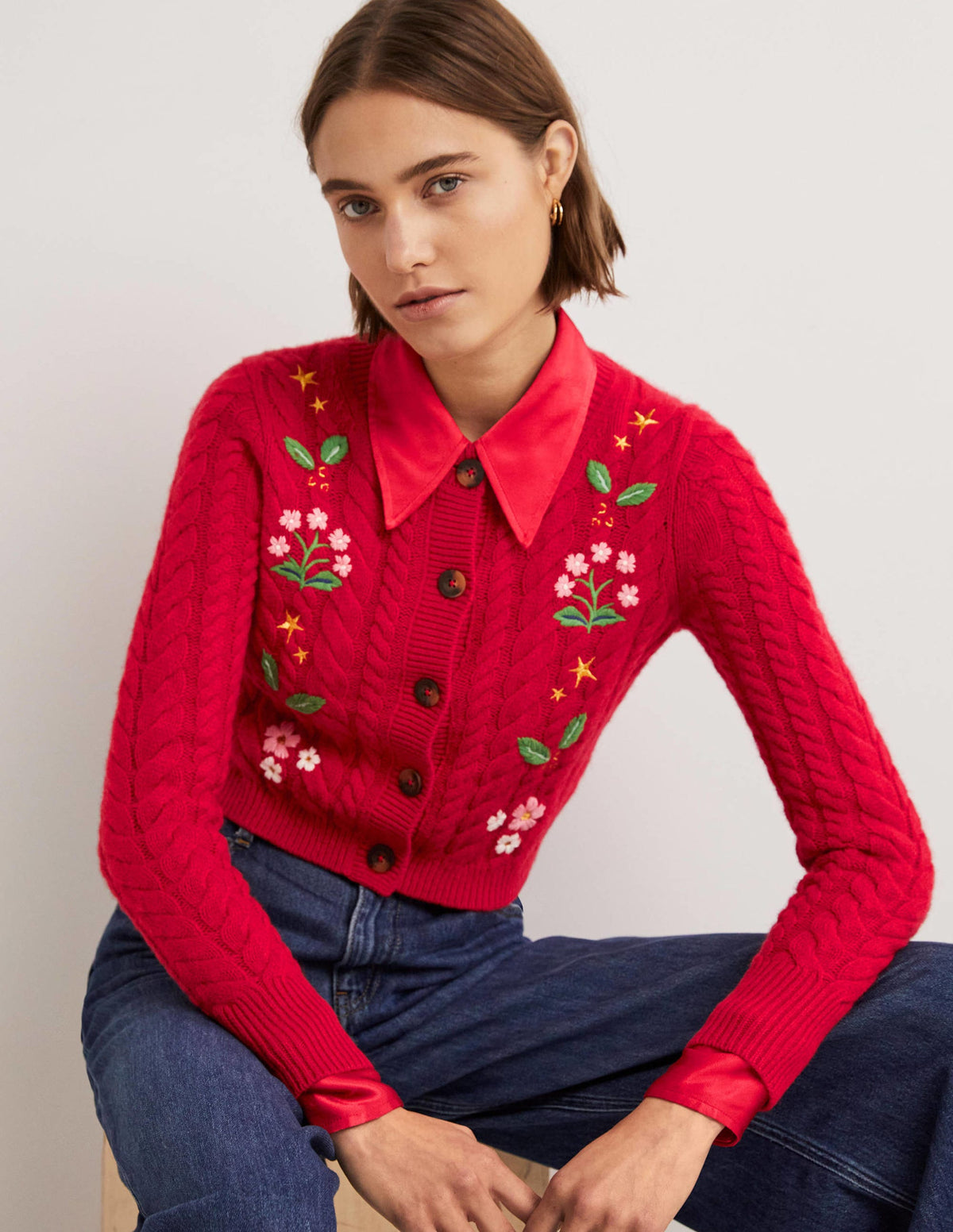 Kurz geschnittener Cardigan mit Stickerei-Rockabilly-Rot, Stickerei-1