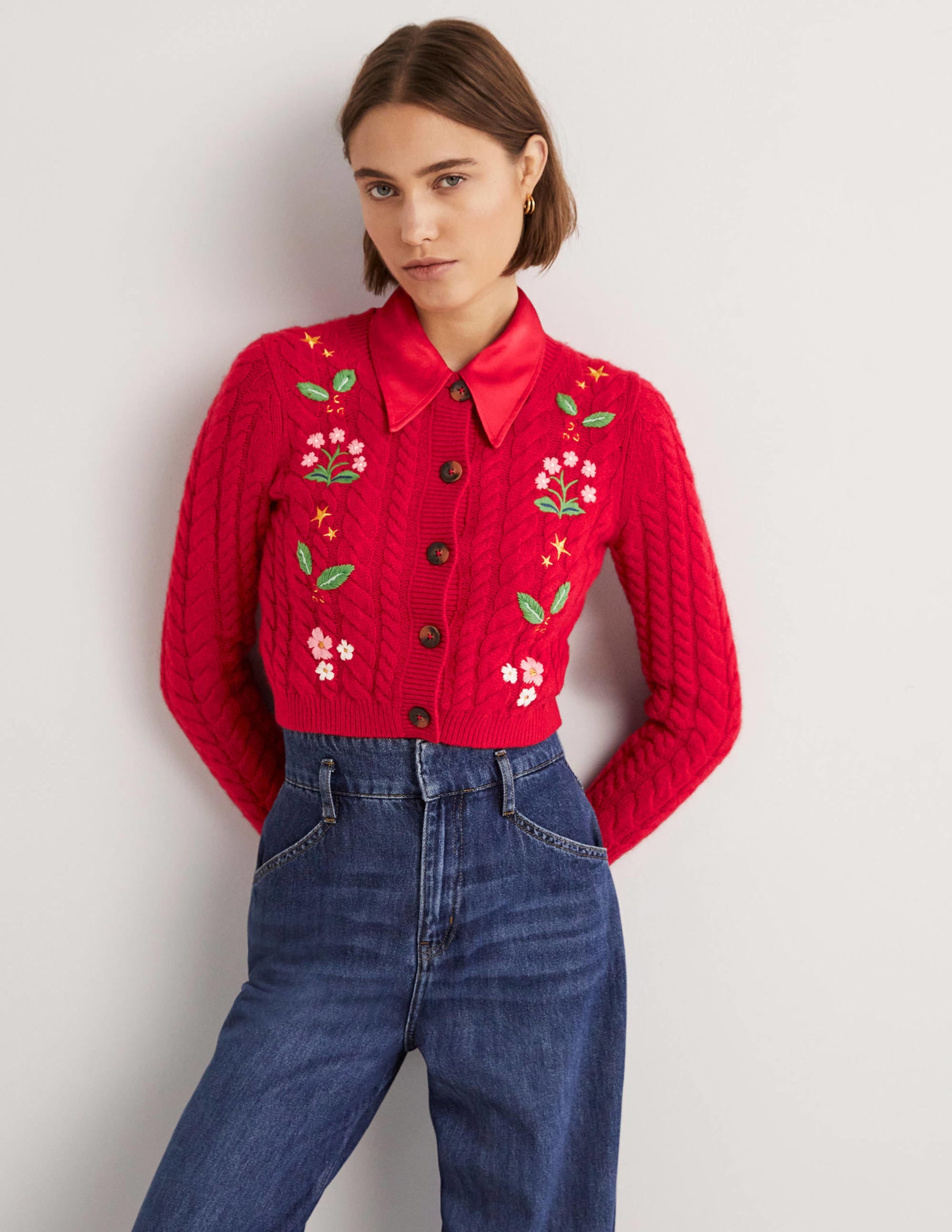 Kurz geschnittener Cardigan mit Stickerei-Rockabilly-Rot, Stickerei - Image 5