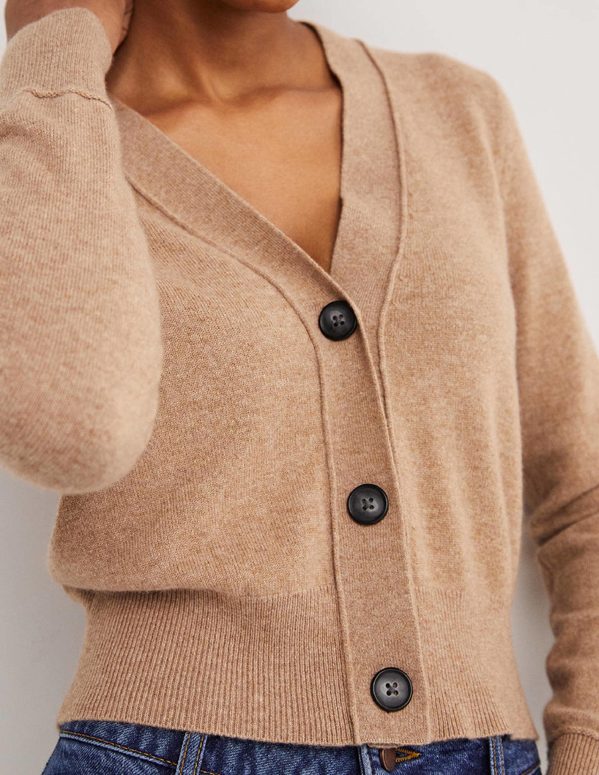 Kaschmircardigan mit V-Ausschnitt-Kamelbraun Melange-4