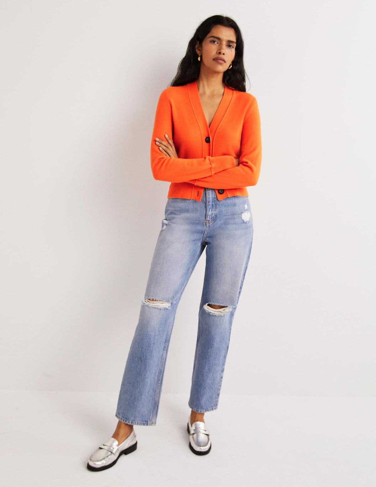 Gilet à col en V en cachemire-Orange fluo-4