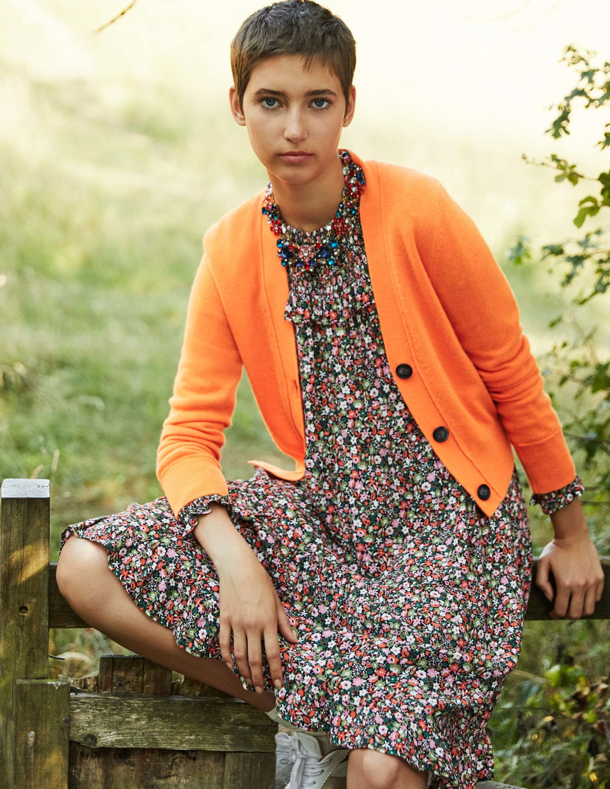 Gilet à col en V en cachemire-Orange fluo-6