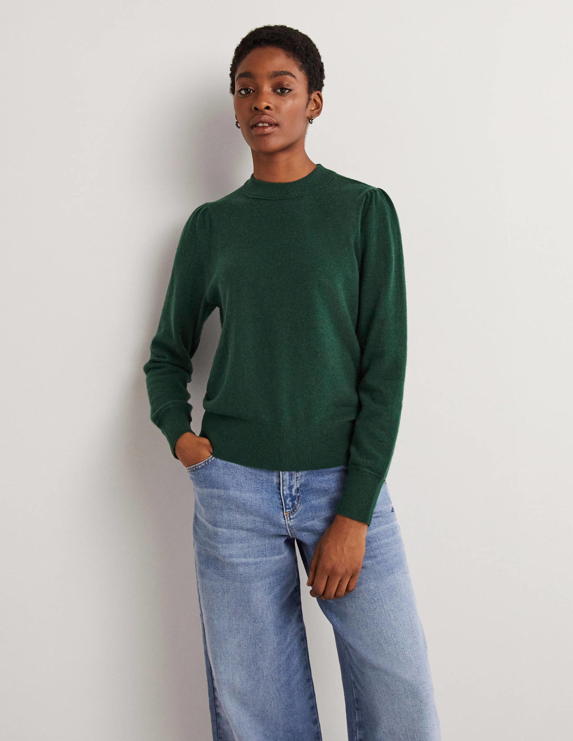 Kaschmirpullover mit Puffärmeln-Jägergrün Melange-1