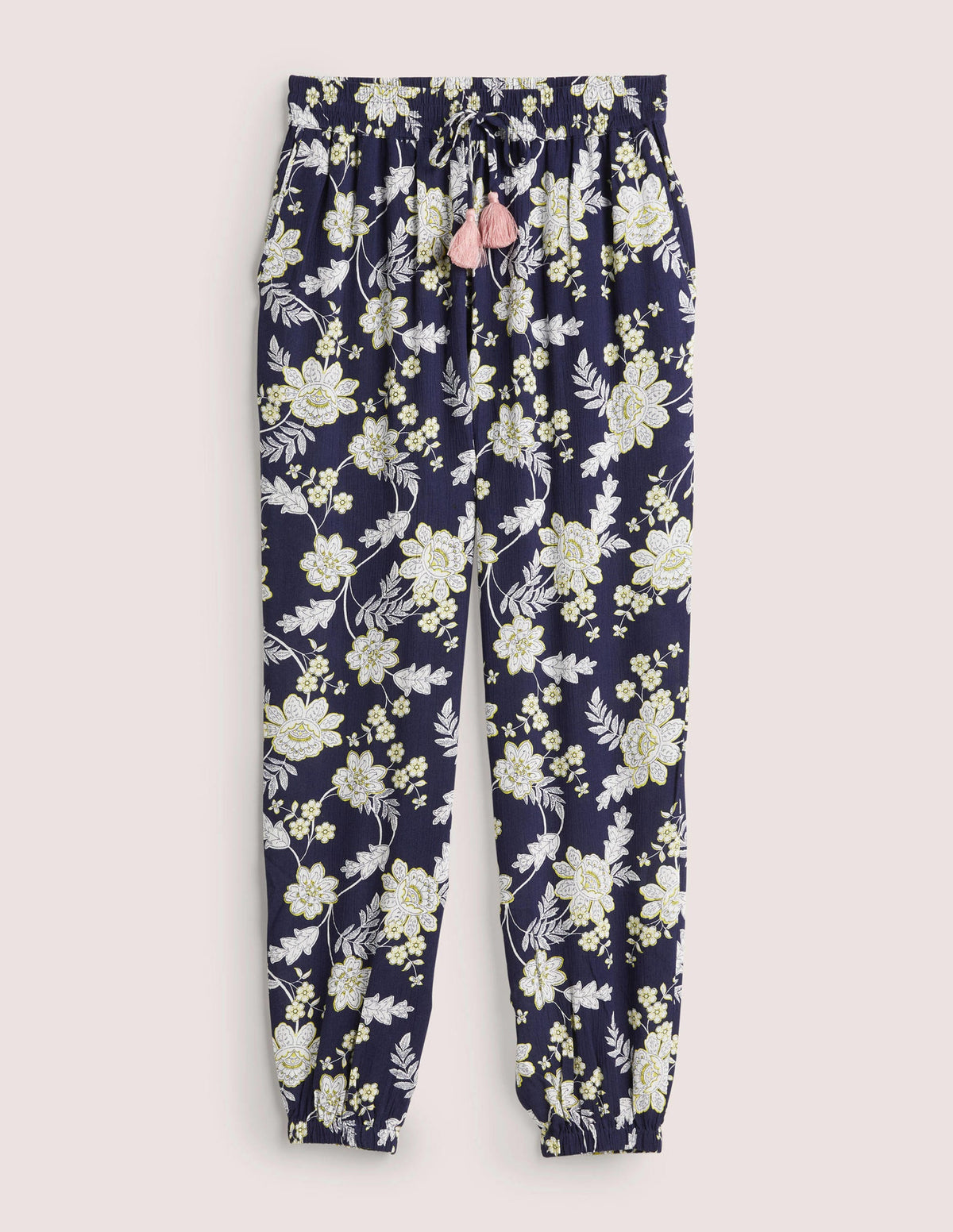 Schmal zulaufende Crinkle-Hose-Französisches Navy, Chintz-Blumen-5