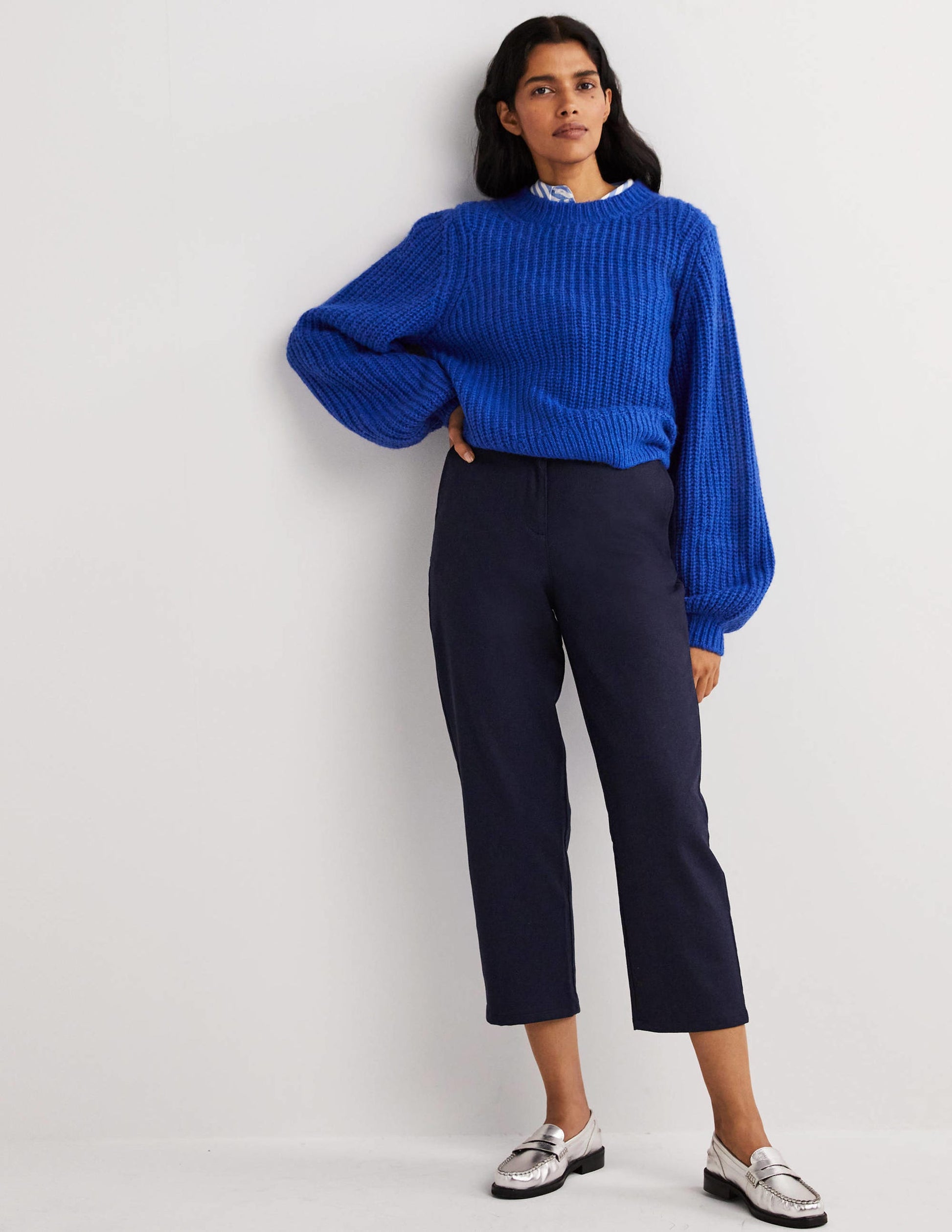 Barrel Leg Flannel Trousers-Navy-1