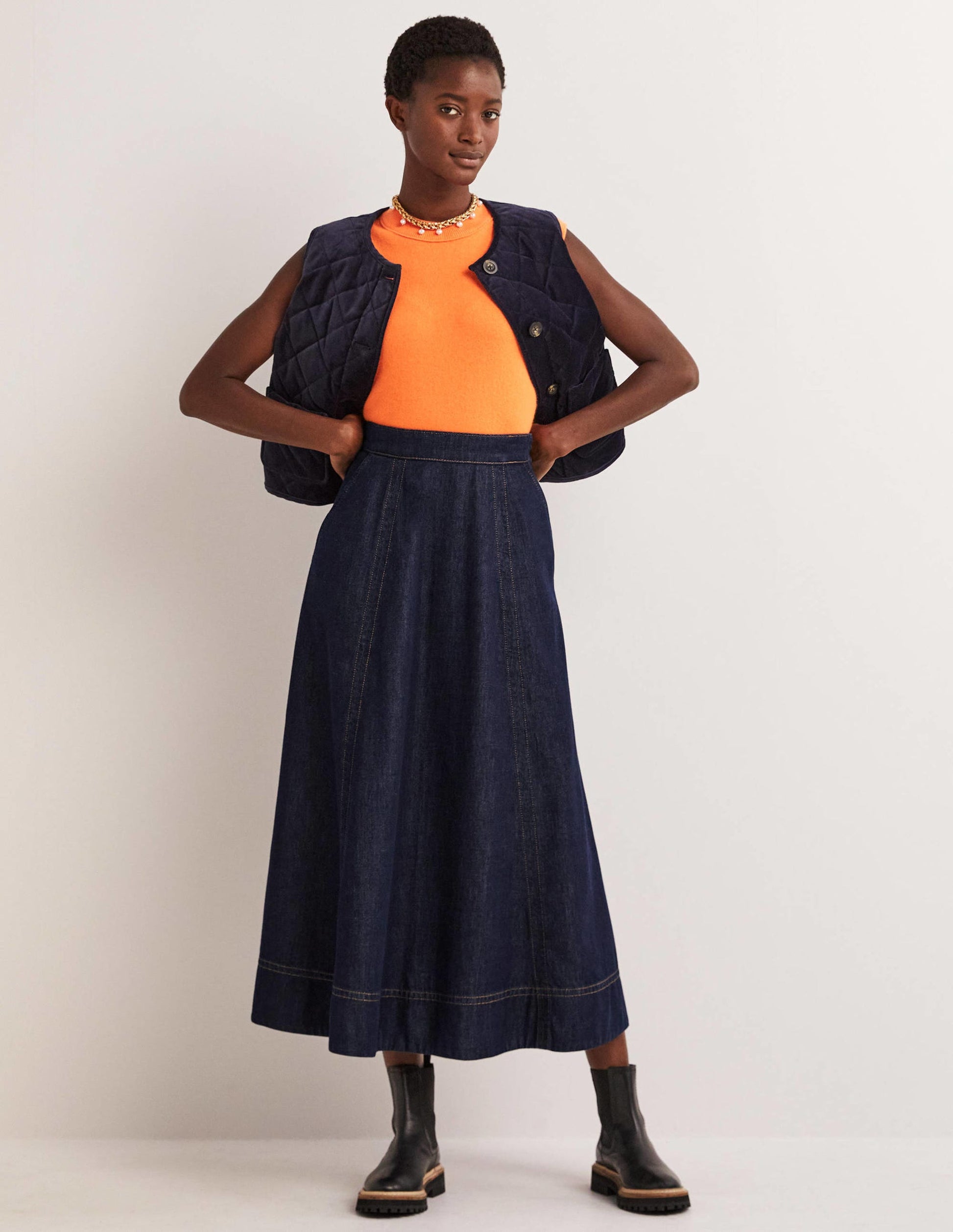 Jupe midi en jean à empiècements-Indigo-1