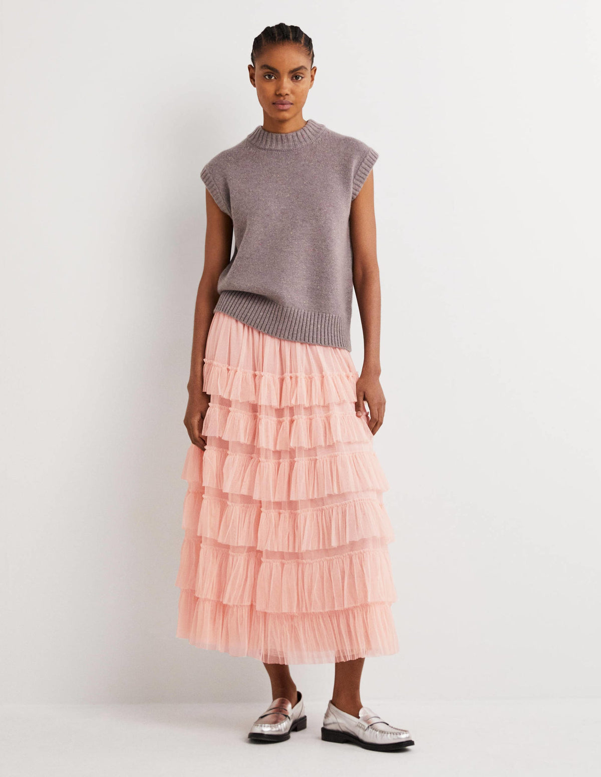 Pink Ruffle Tulle Midi Skirt-Altrosé - Image 1