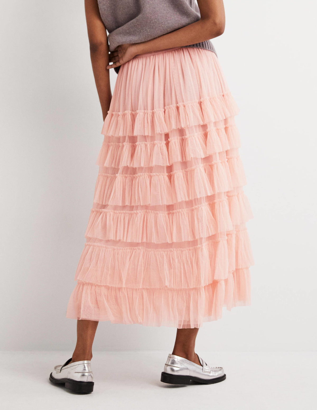 Pink Ruffle Tulle Midi Skirt-Altrosé-3