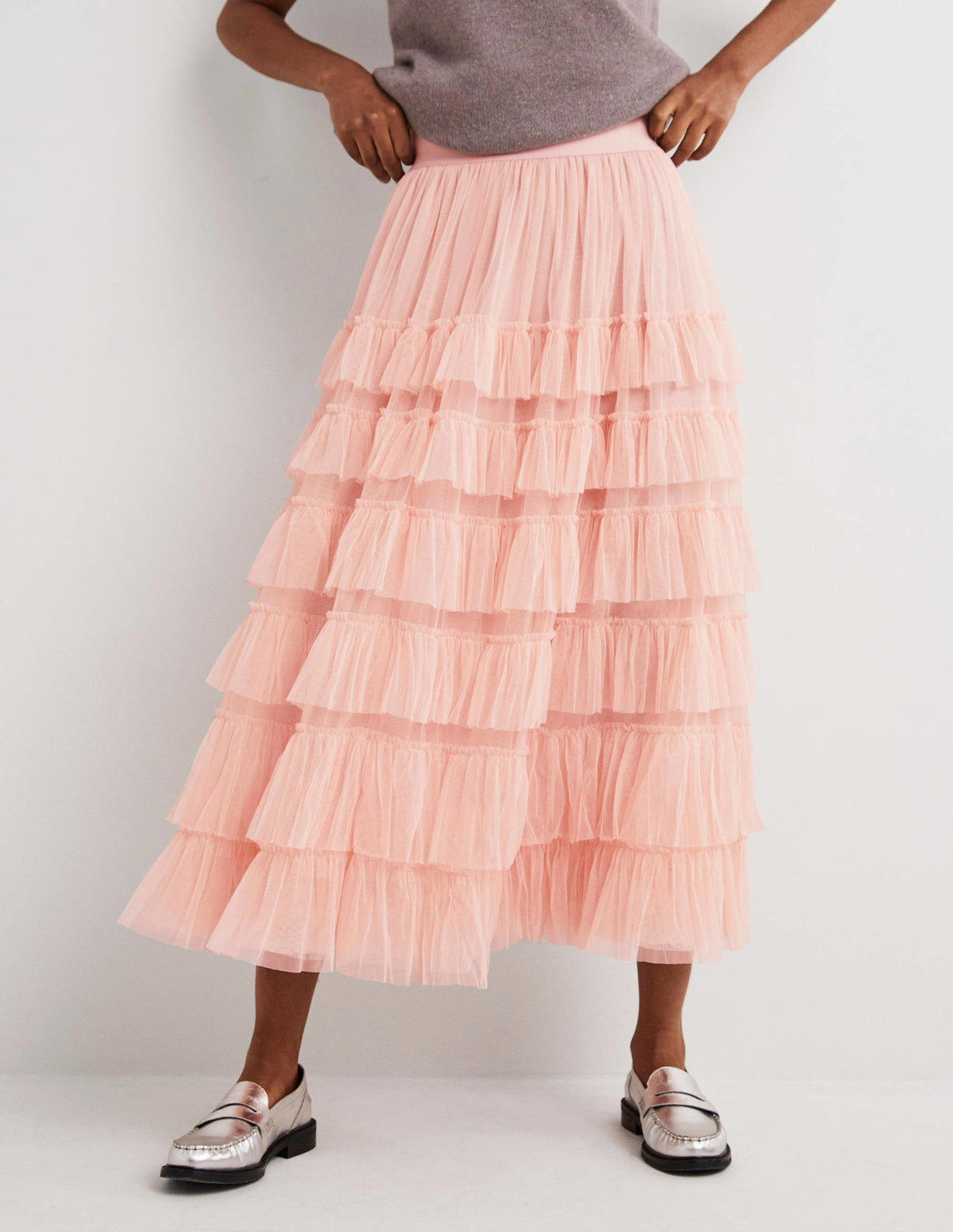 Pink Ruffle Tulle Midi Skirt-Altrosé - Image 4