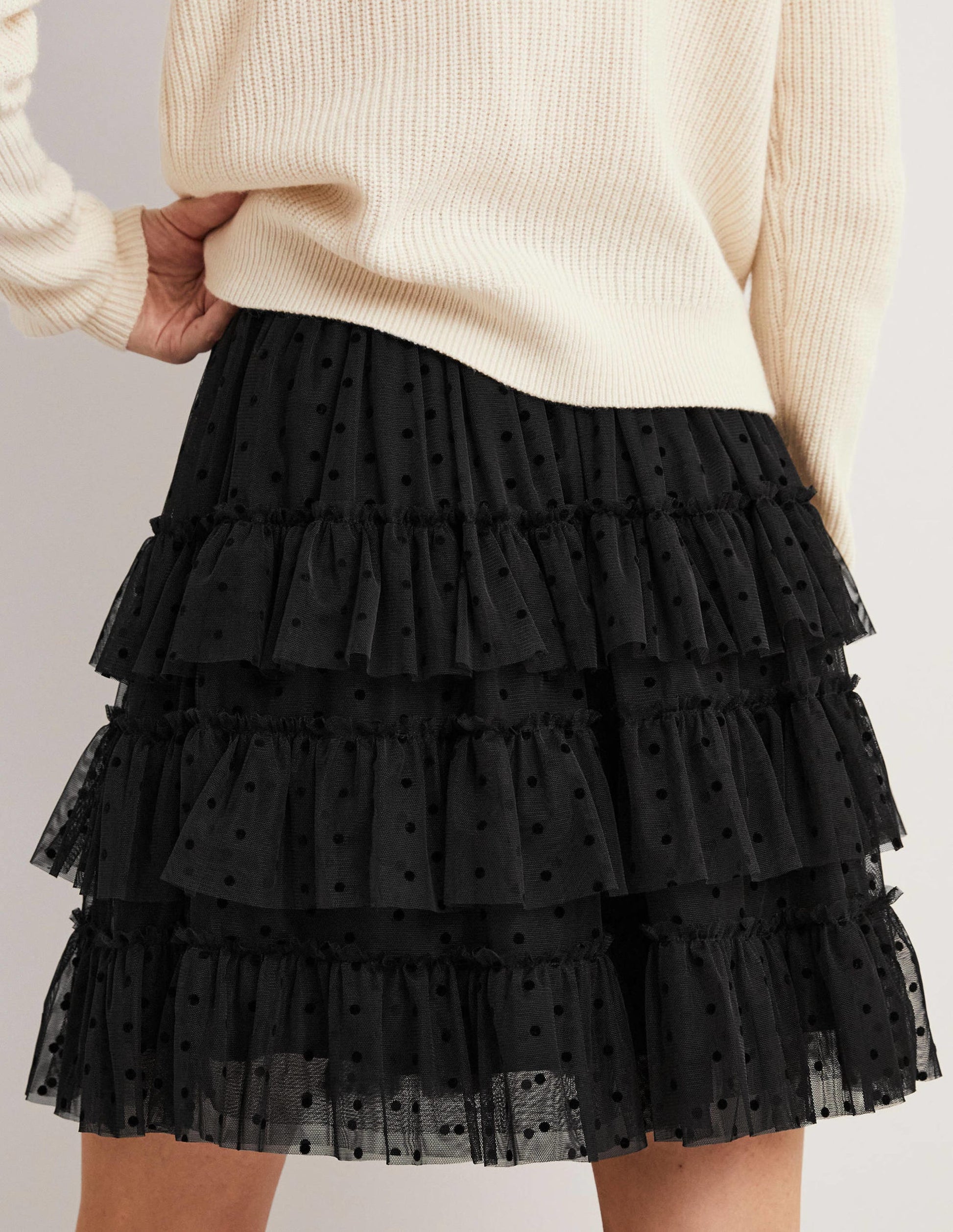 Black Polka Dot Ruffle Tulle Mini Skirt-Schwarz-3