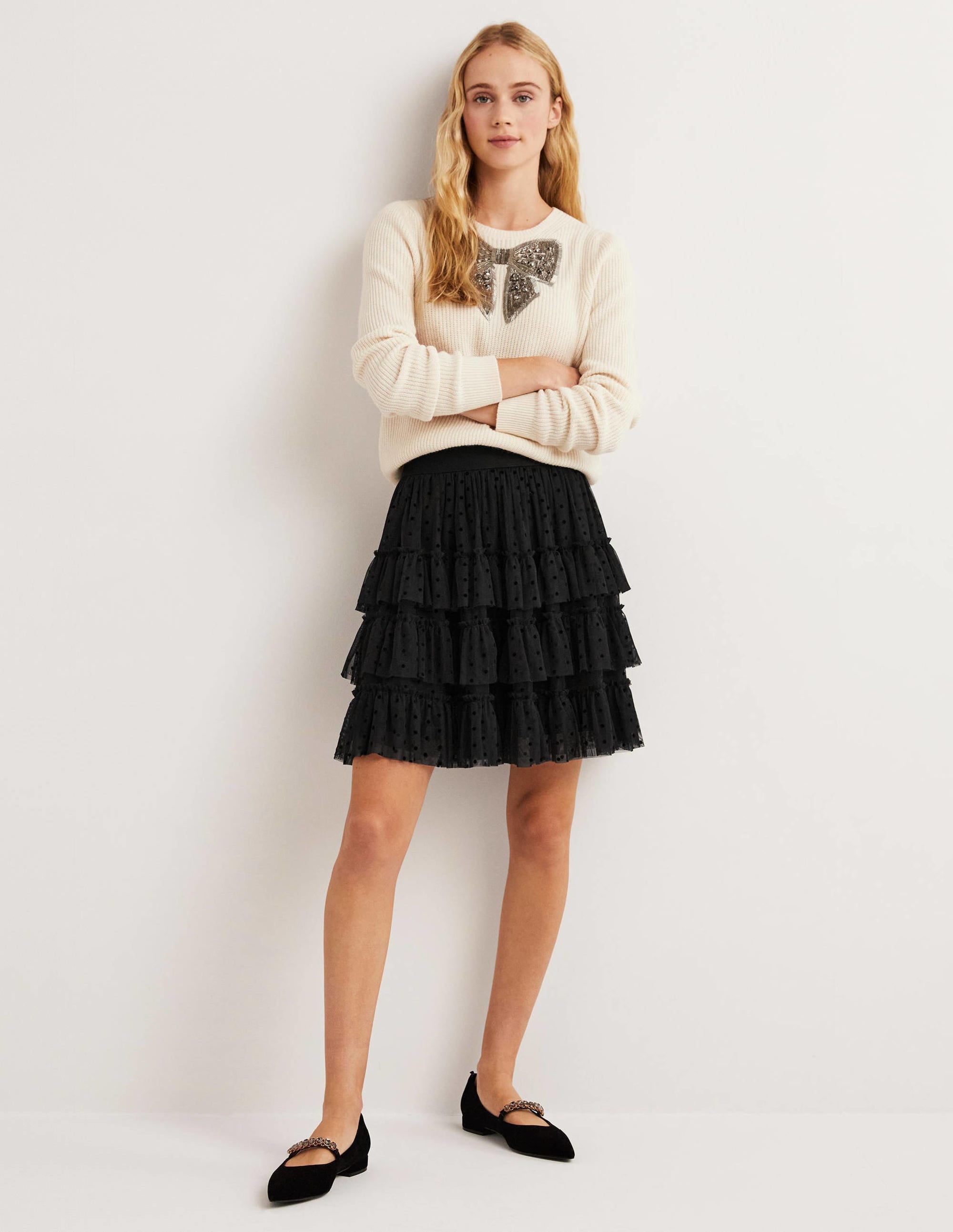 Black Polka Dot Ruffle Tulle Mini Skirt-Schwarz - Image 4