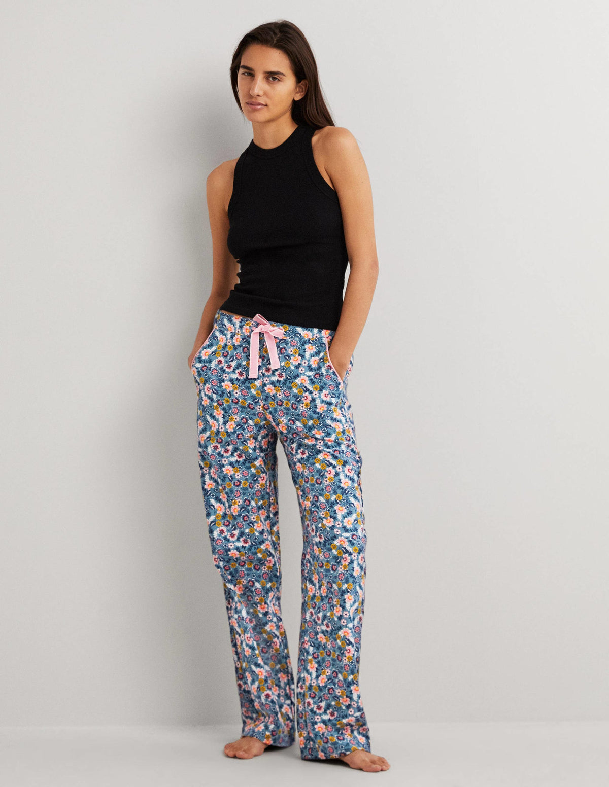 Blue Floral Pyjama Bottoms-Mittelblau, Üppige Blätter-1