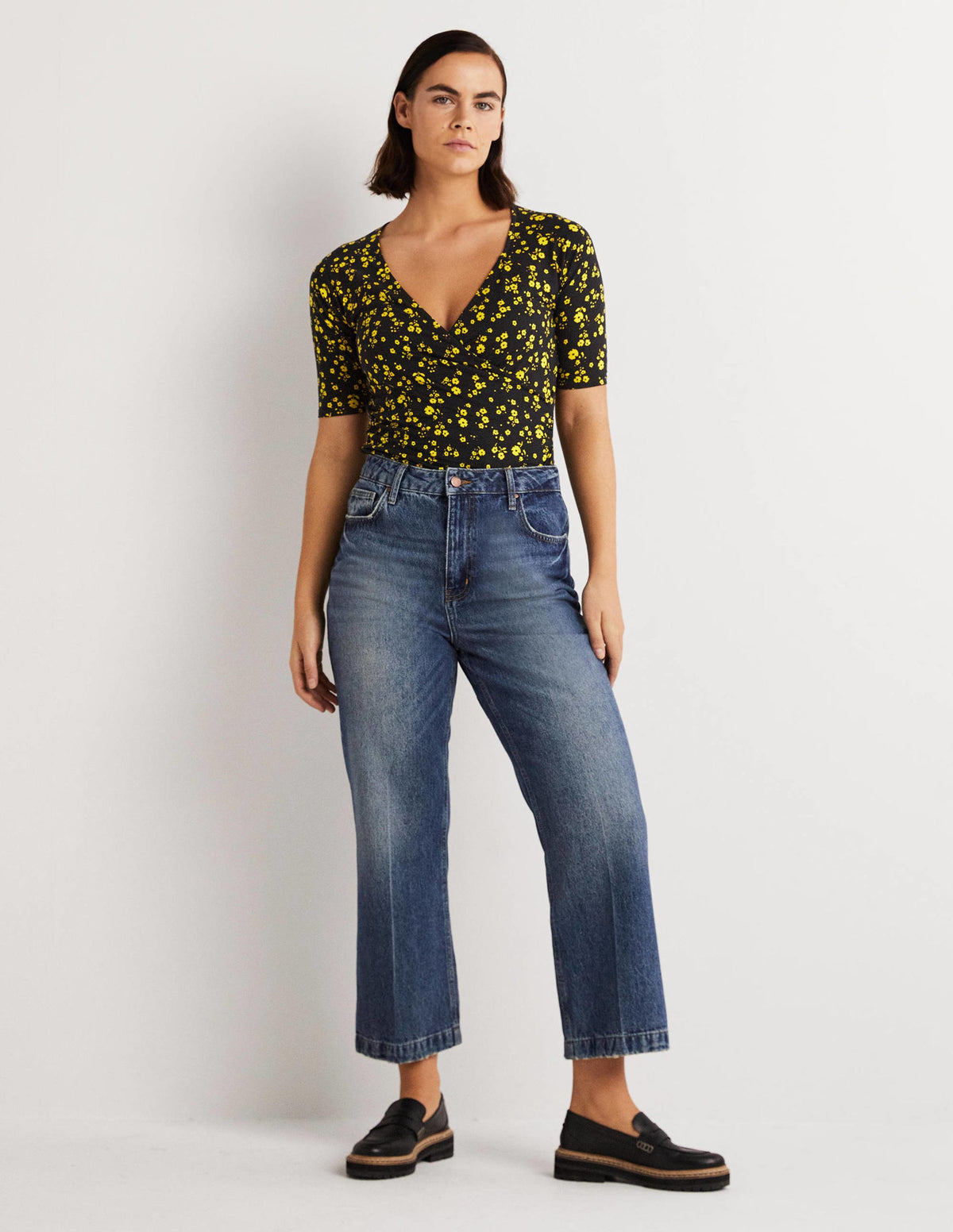 Short Sleeve Wrap Top-Black, Floral Sprig - Image 5