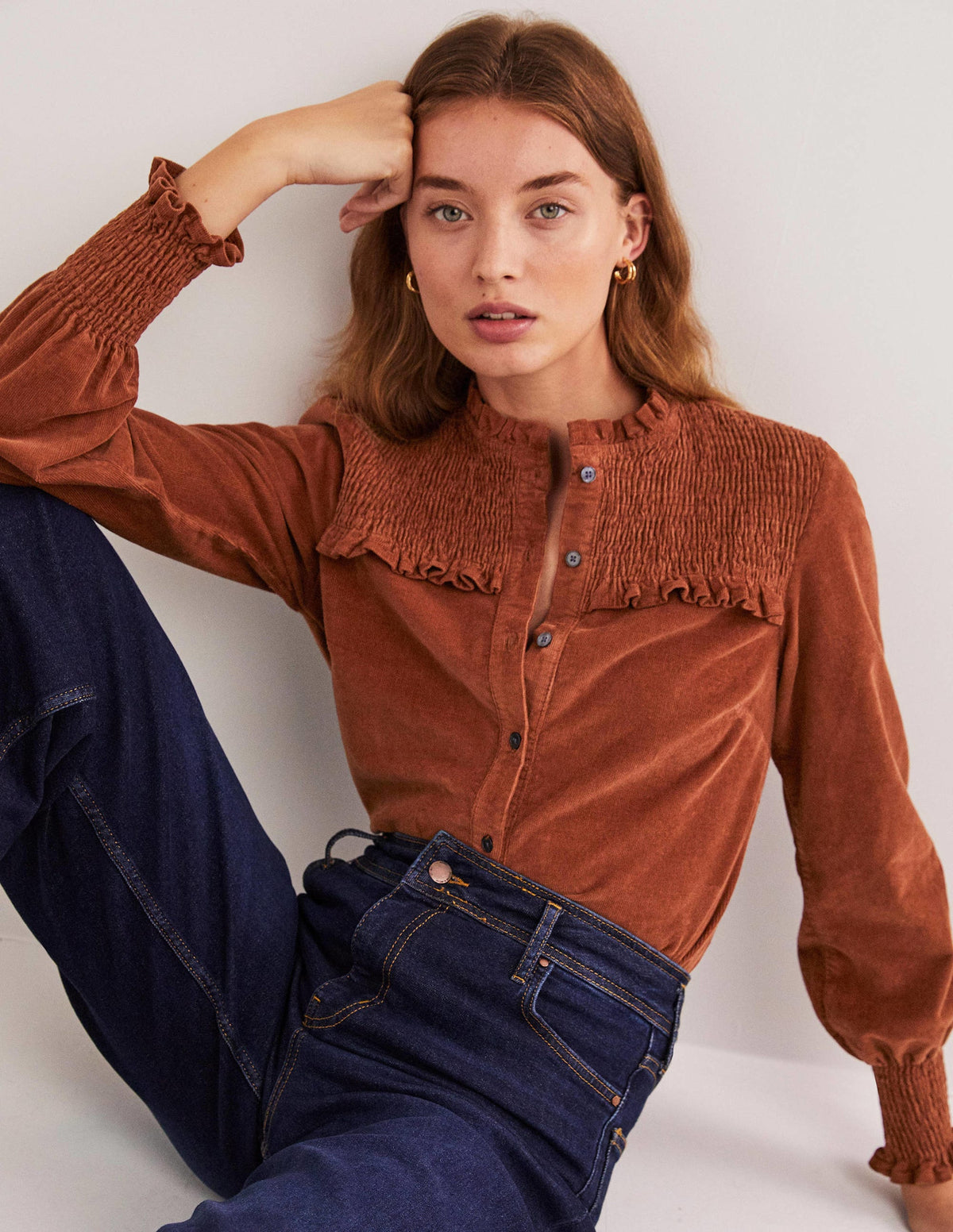 Smocked High Neck Shirt-Red Oak - Image 1
