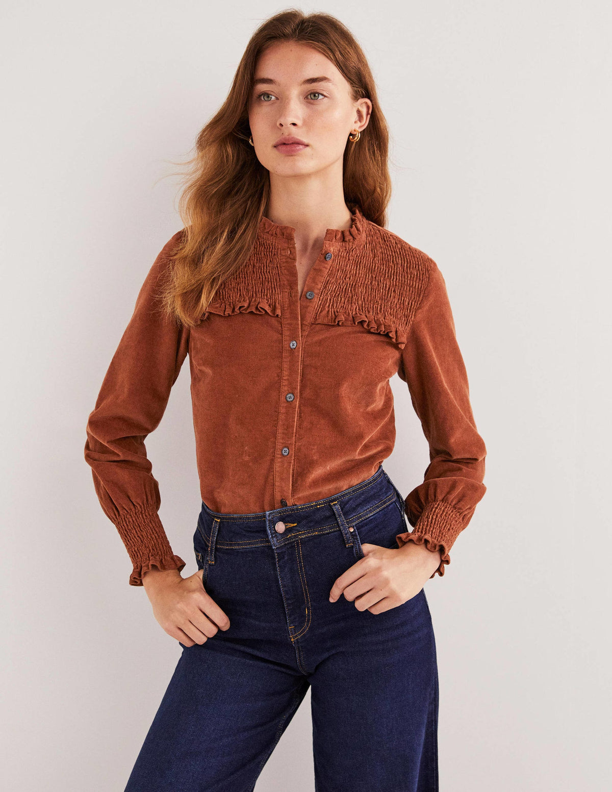 Smocked High Neck Shirt-Red Oak - Image 4