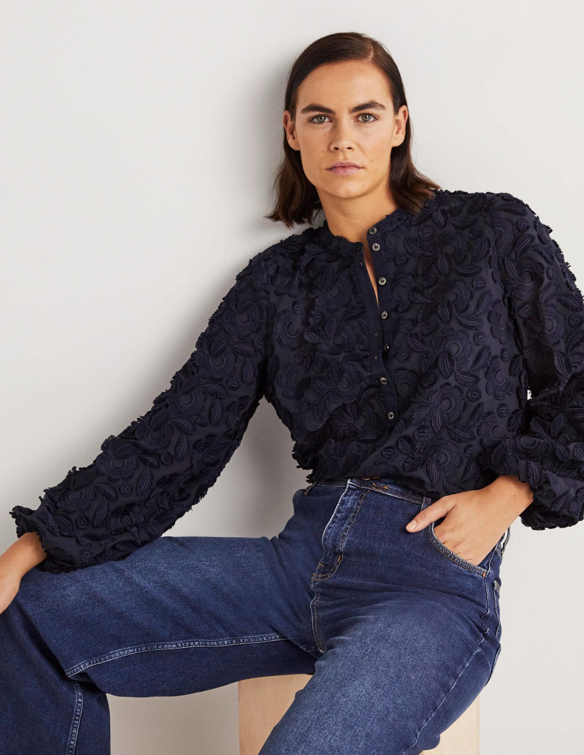 Textured Popover Blouse-Navy-4